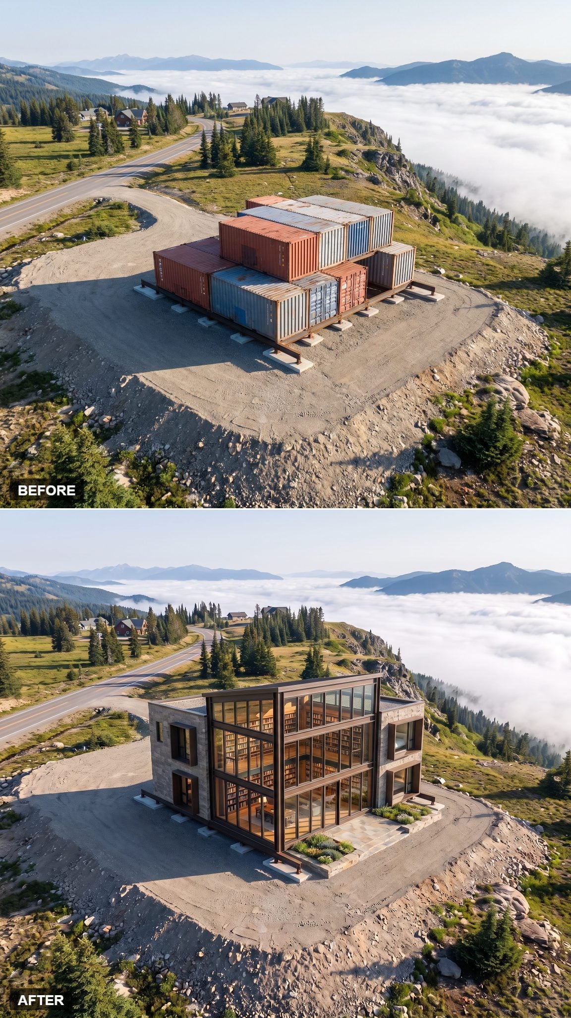 Container house concept with a double-height library interior