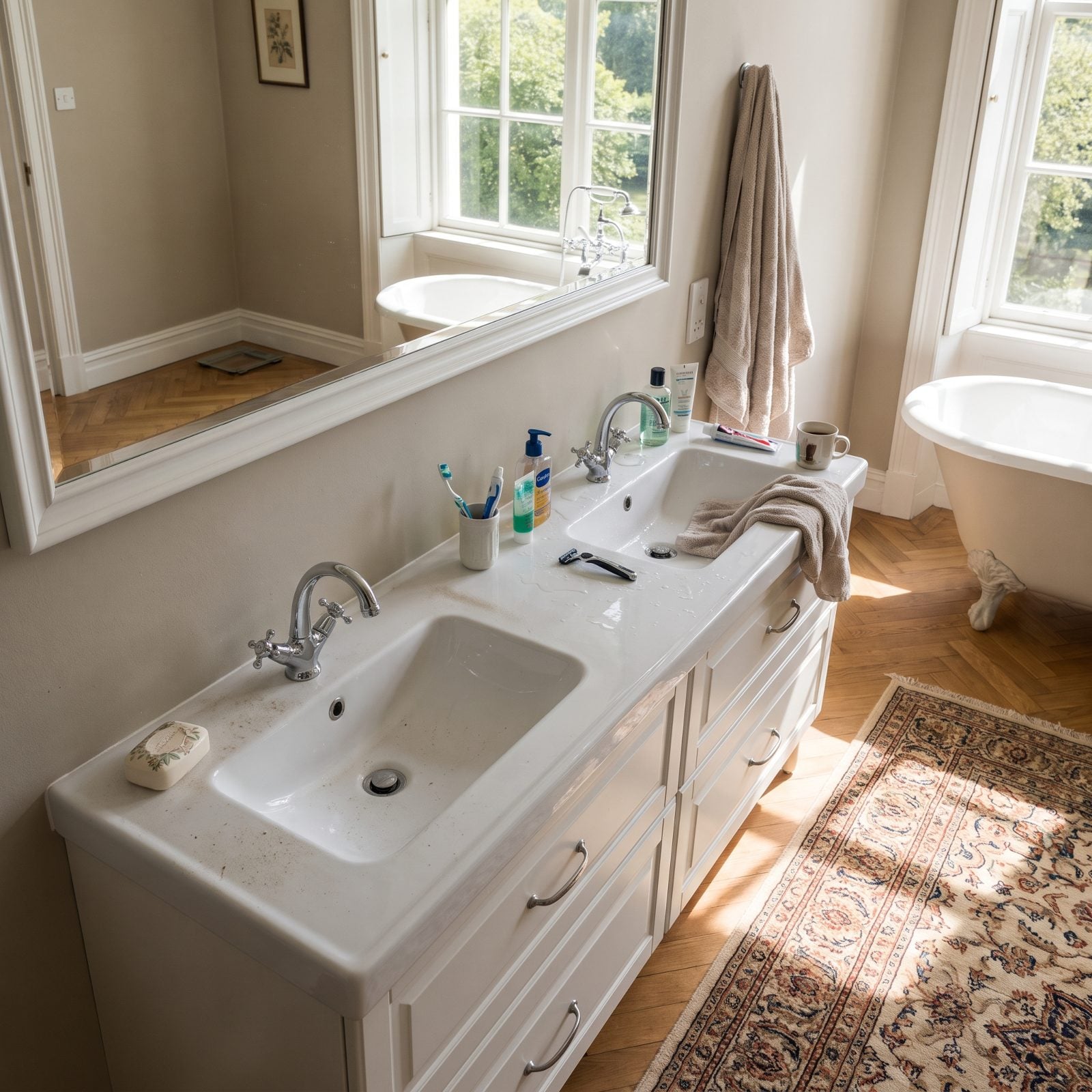 Large walnut double vanity where only one sink shows any use and the second sink and counter sit completely bare.