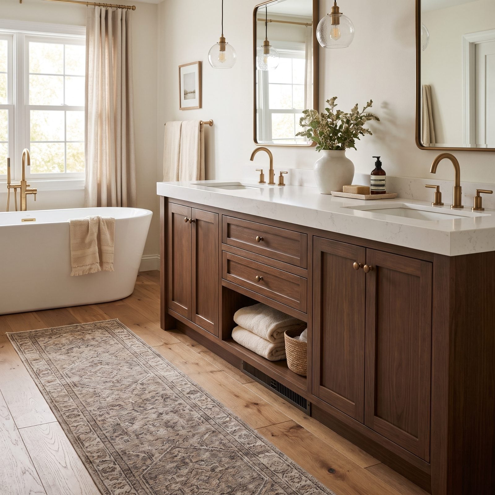 Blue-gray double vanity set over a floor heating vent, with the vent grille half-covered by the cabinet base.