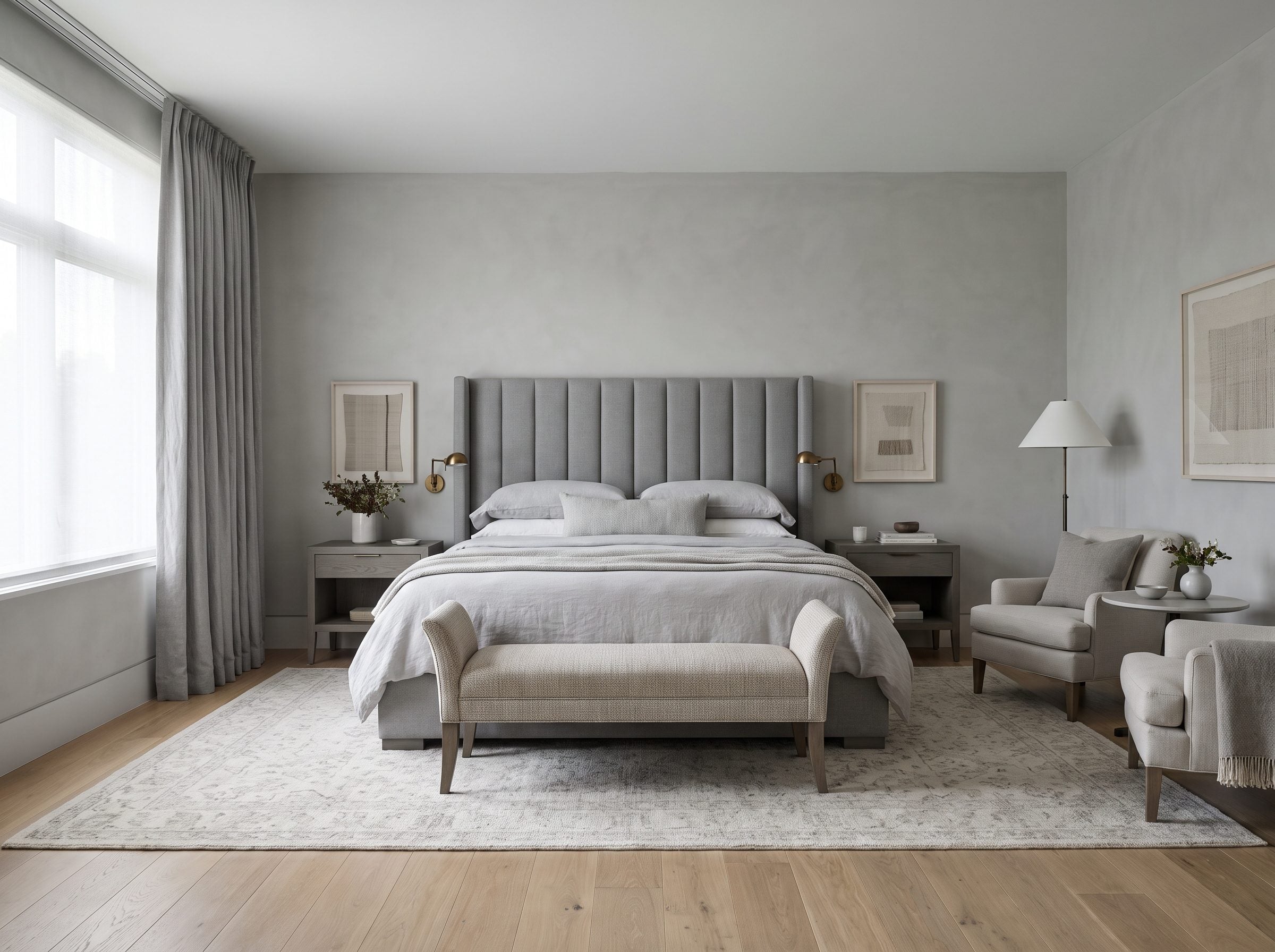 Primary bedroom with dove-gray limewashed walls, a channel-tufted upholstered bed, ivory-gray wool rug over white oak