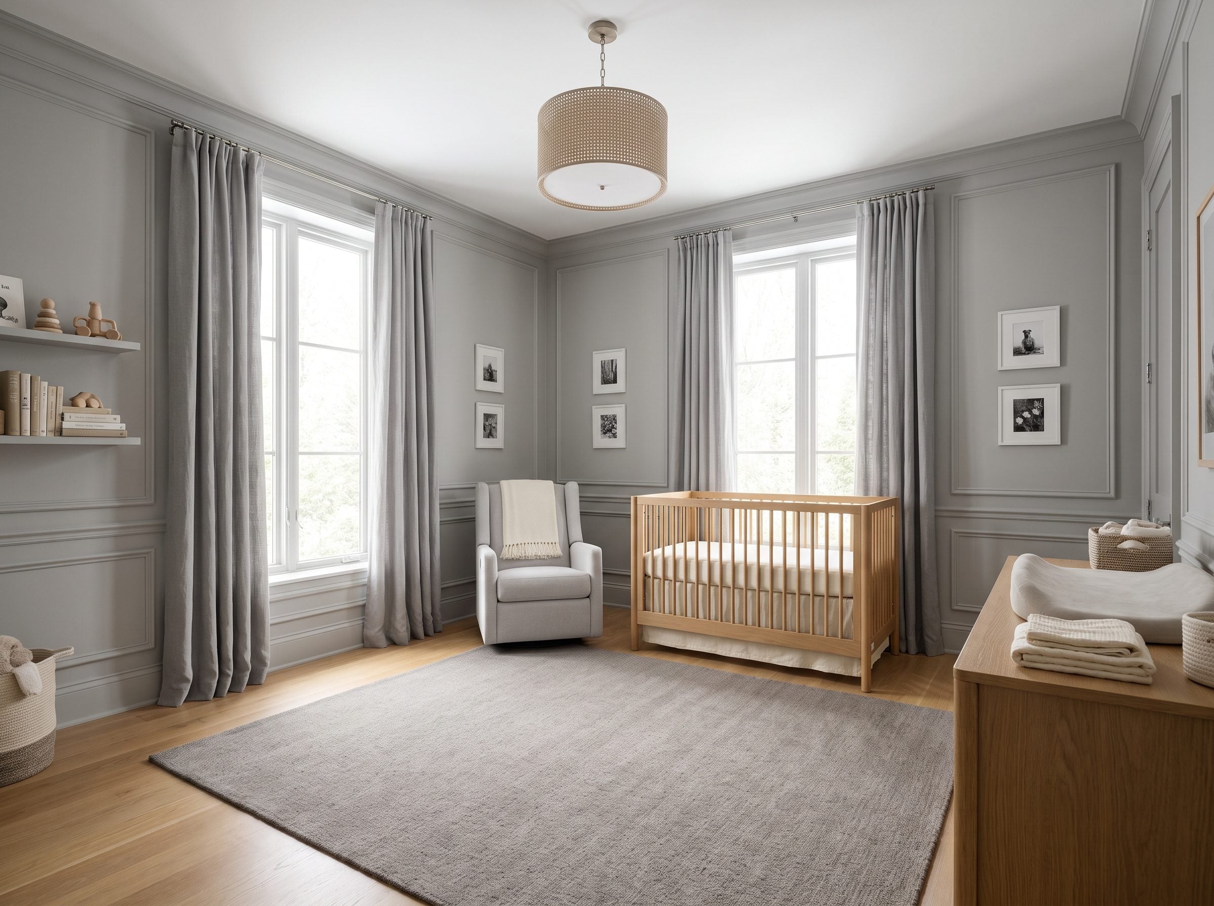 Nursery with warm dove-gray paneled walls, a natural-oak crib, a pale-gray glider, and a six-by-nine wool rug on a pale wood