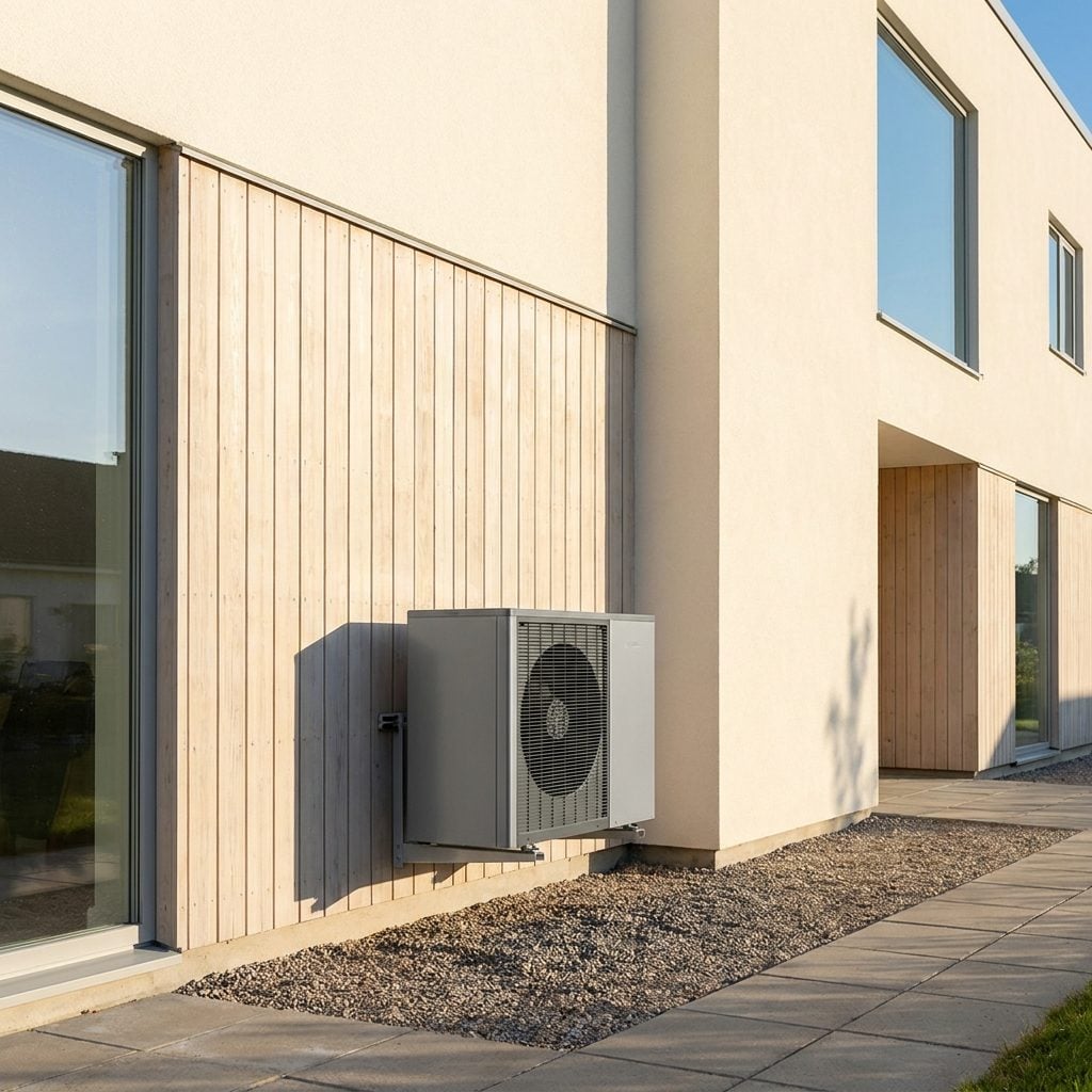 Modern heat pump integrated beside a contemporary home