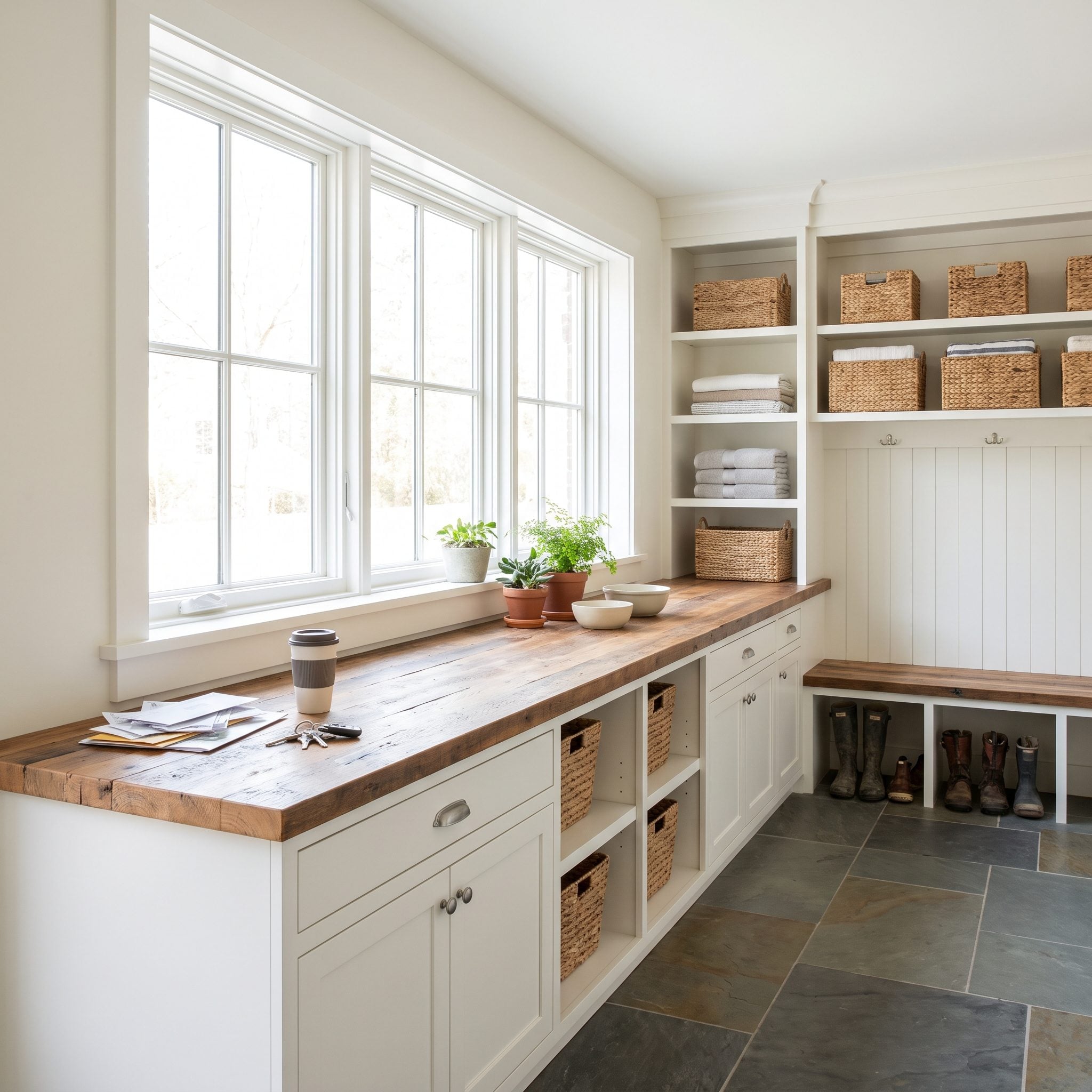 Mudroom with a very long marble drop counter covered by mail, a parcel, a handbag, a shopping bag, keys, papers, and a
