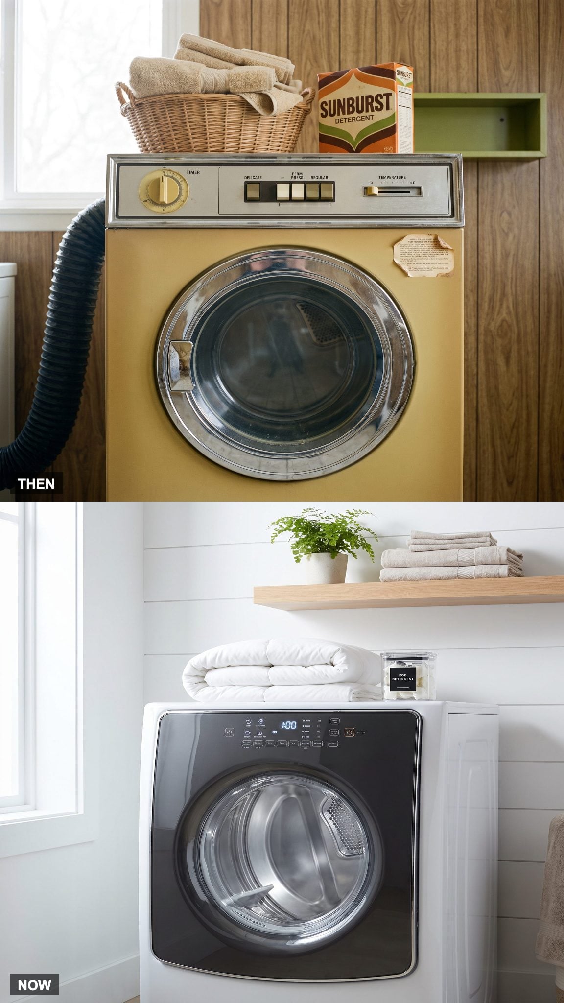 Vintage dryer controls compared with a modern sensor-equipped dryer