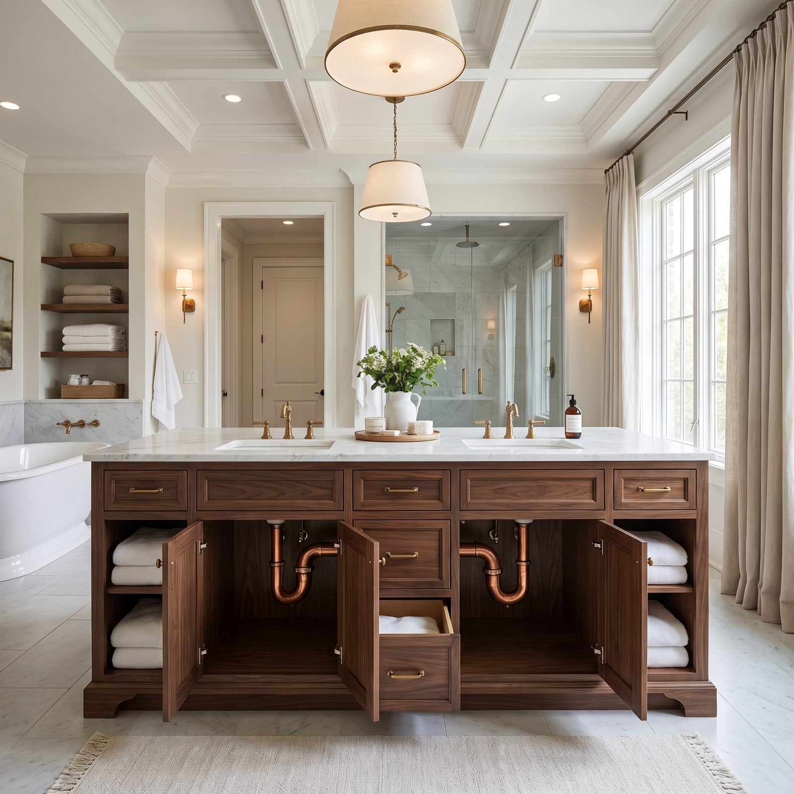 Double oak vanity where the center drawers are false fronts because two sets of plumbing lines run up the middle of the