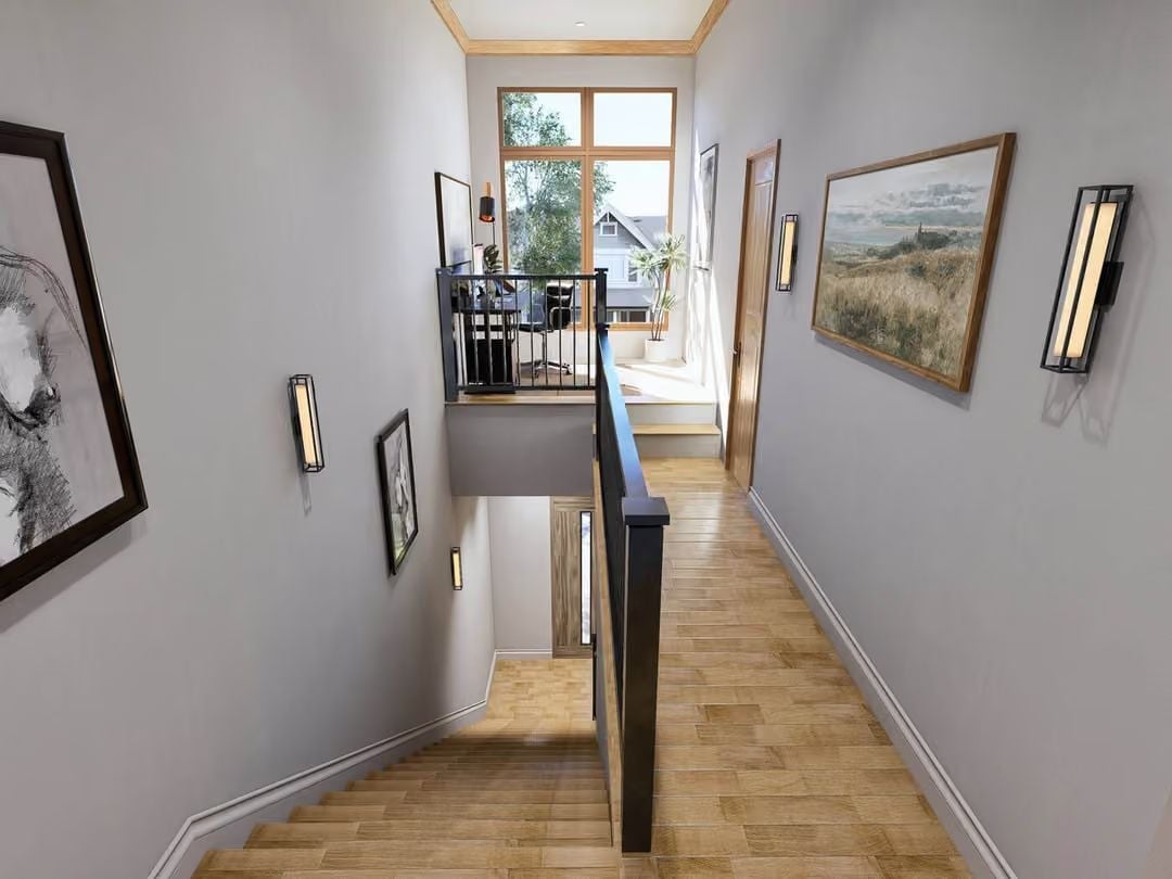 Hallway Overlook With Art-Lined Walls Earns Its Square Footage