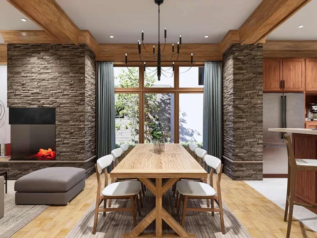 Wood Beam Ceiling and Stone Columns Do the Heavy Lifting in This Dining Room