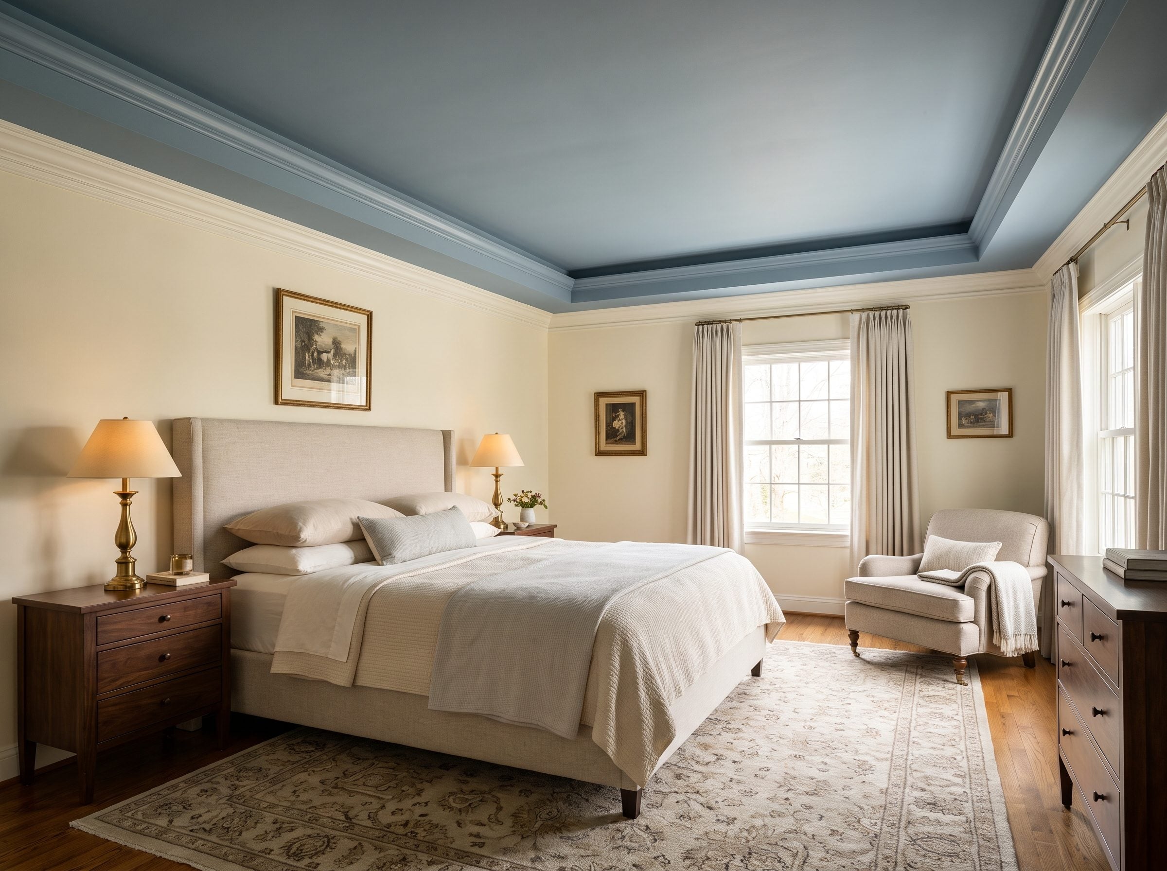 Traditional bedroom with a dusty-blue flat ceiling framed by white crown molding above ivory walls, an oatmeal upholstered