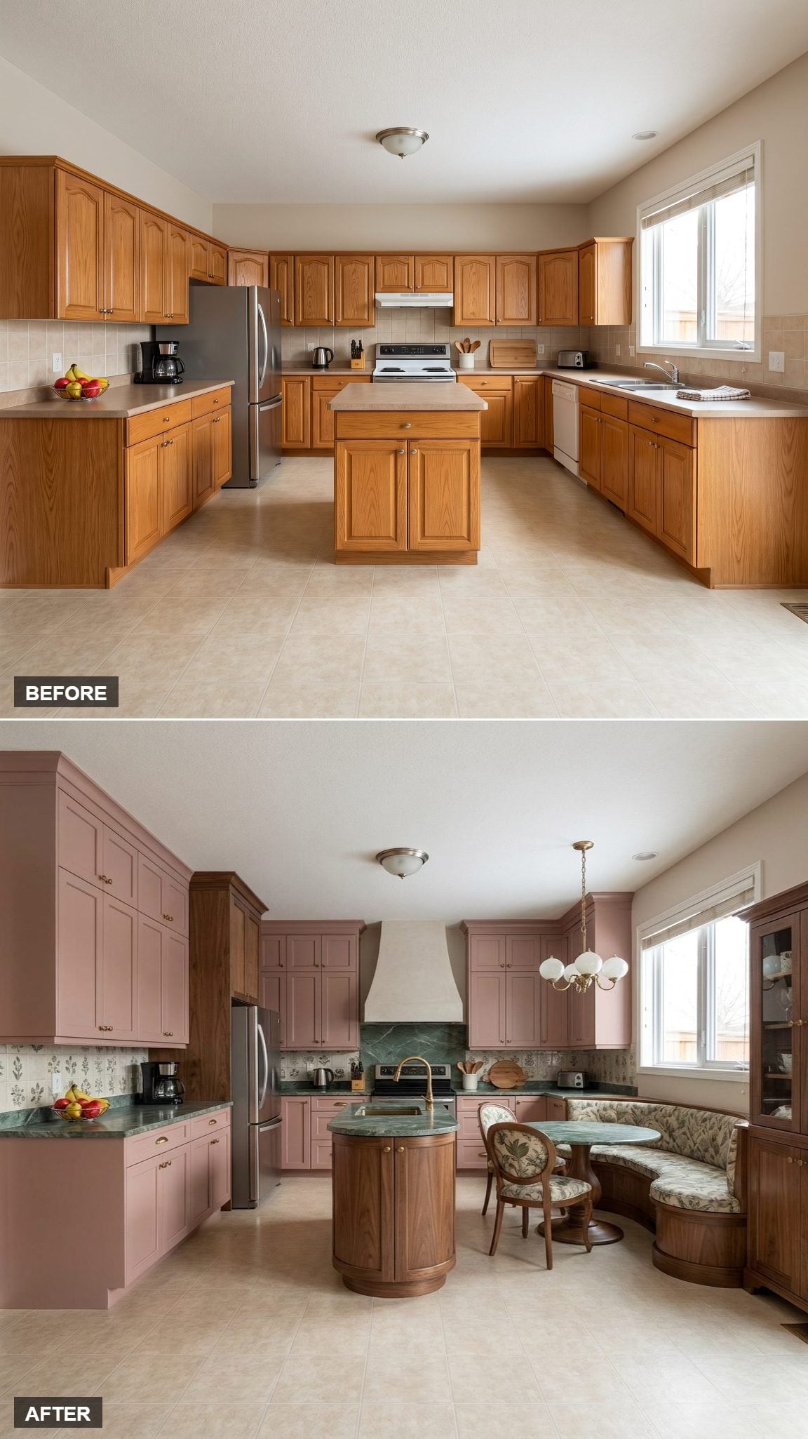 Dusty Rose Cabinetry, Verde Marble, and a Curved Banquette Turn the Kitchen Into a European Salon