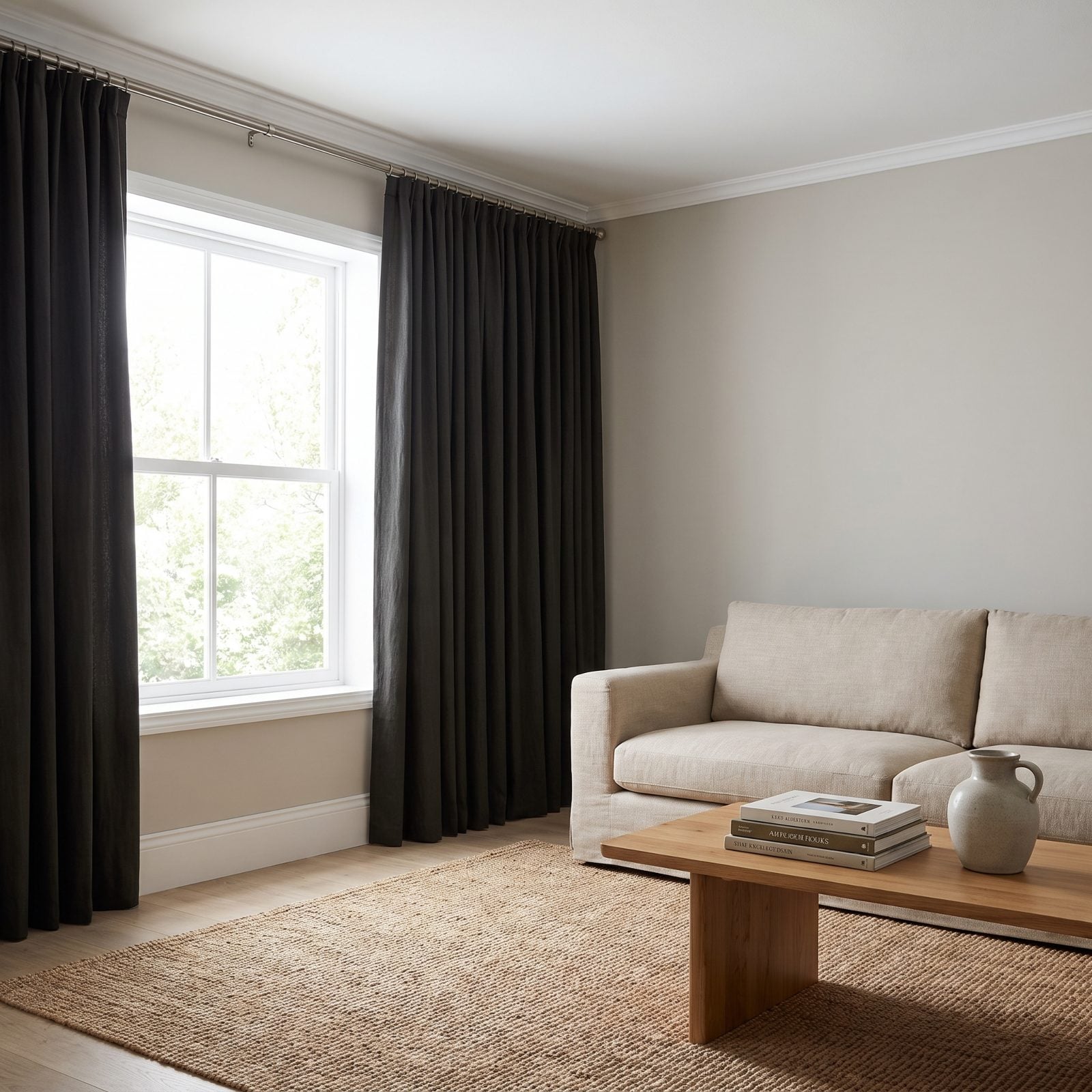 The Eight-Foot Living Room That Reads Taller With Rods Set Just Below the Ceiling