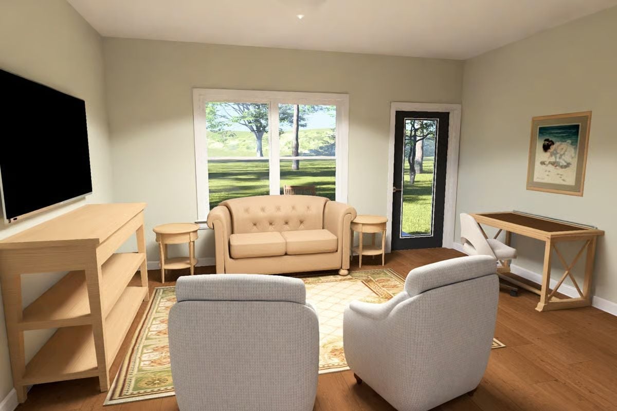 Cream Tufted Loveseat Does a Lot of Heavy Lifting in a Small Shared Space