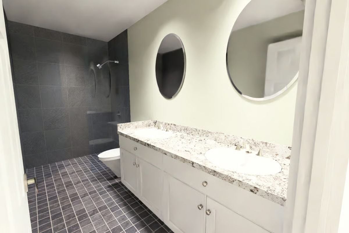 Slate Tile and White Cabinetry Pull in Opposite Directions and Both Win