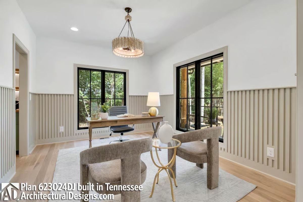Beadboard Walls and Black Steel Windows Make This Home Office Worth Showing Up To