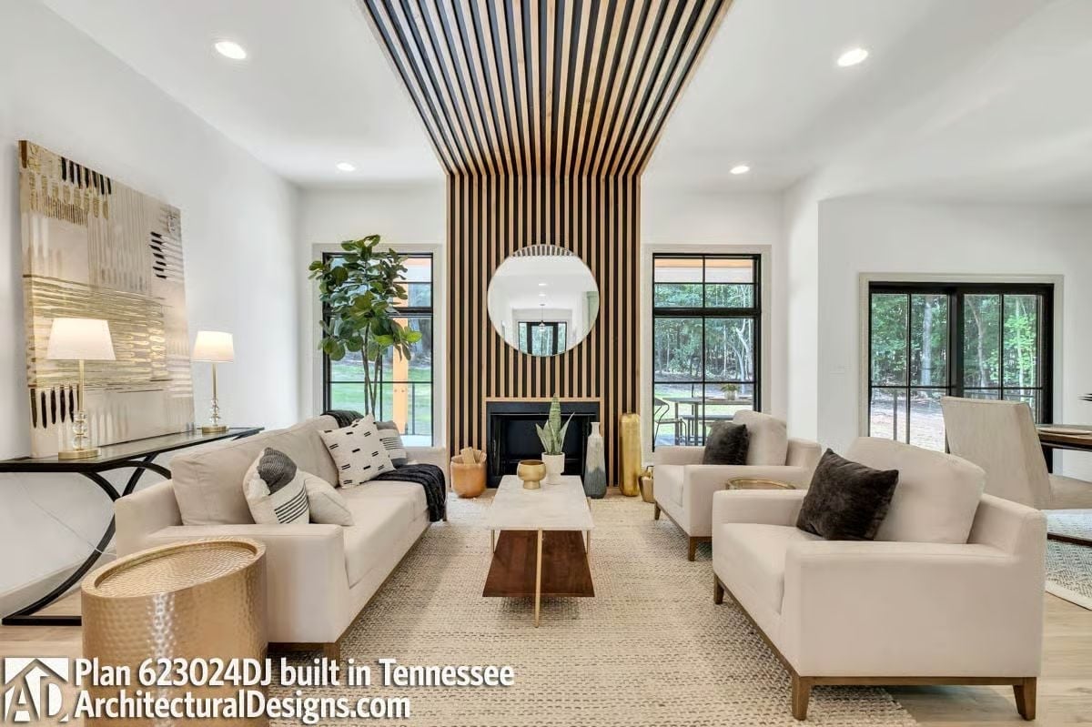 Wood Slat Accent Wall Pulls the Ceiling Into the Conversation