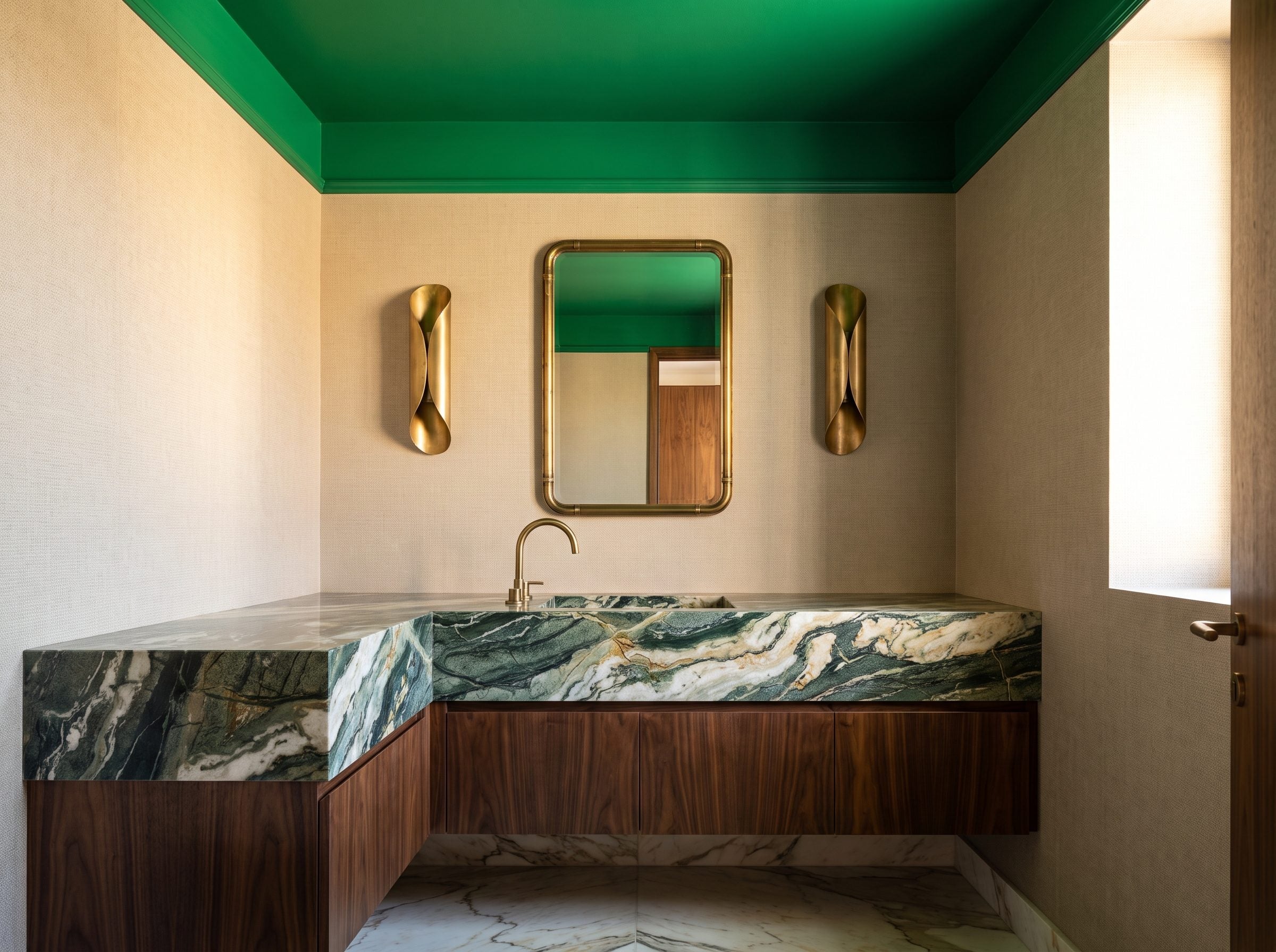 Small powder room with an emerald-green semi-gloss ceiling meeting greige walls with no white trim, above a marble vanity