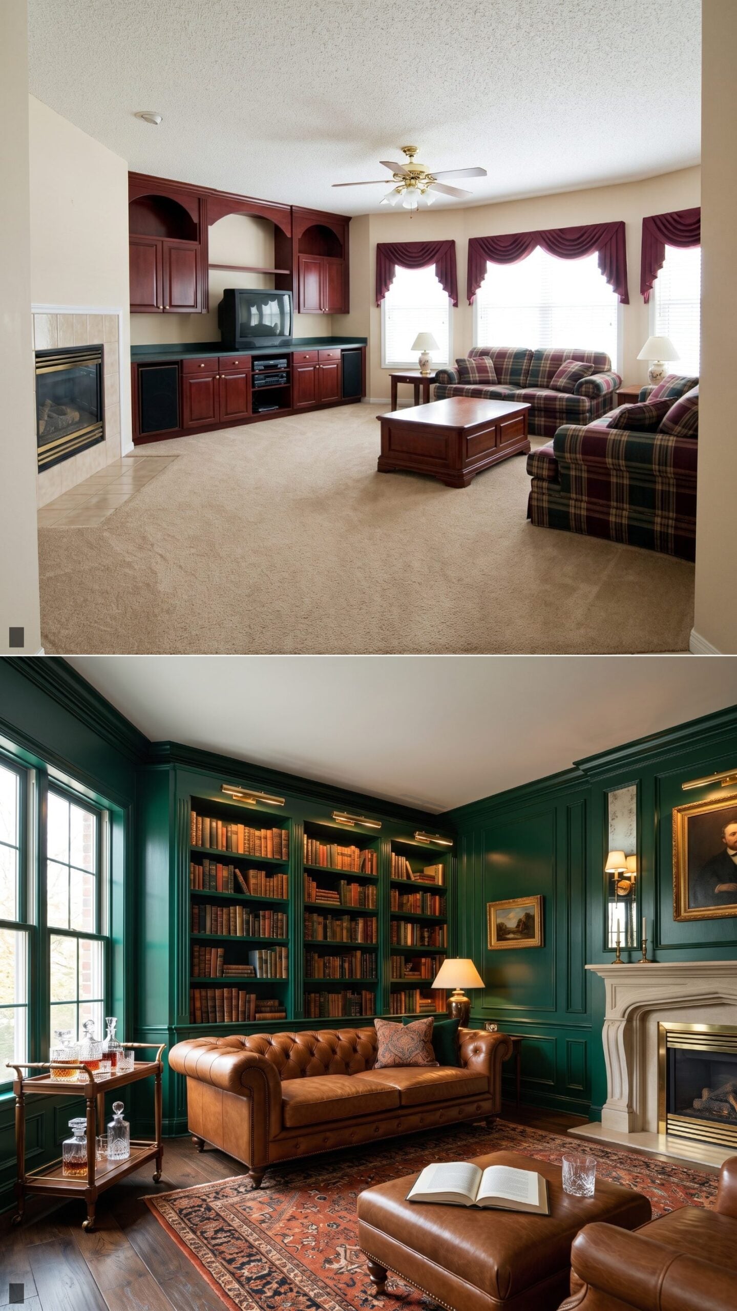 Emerald Library Lounge with Antique Brass and Cognac Leather