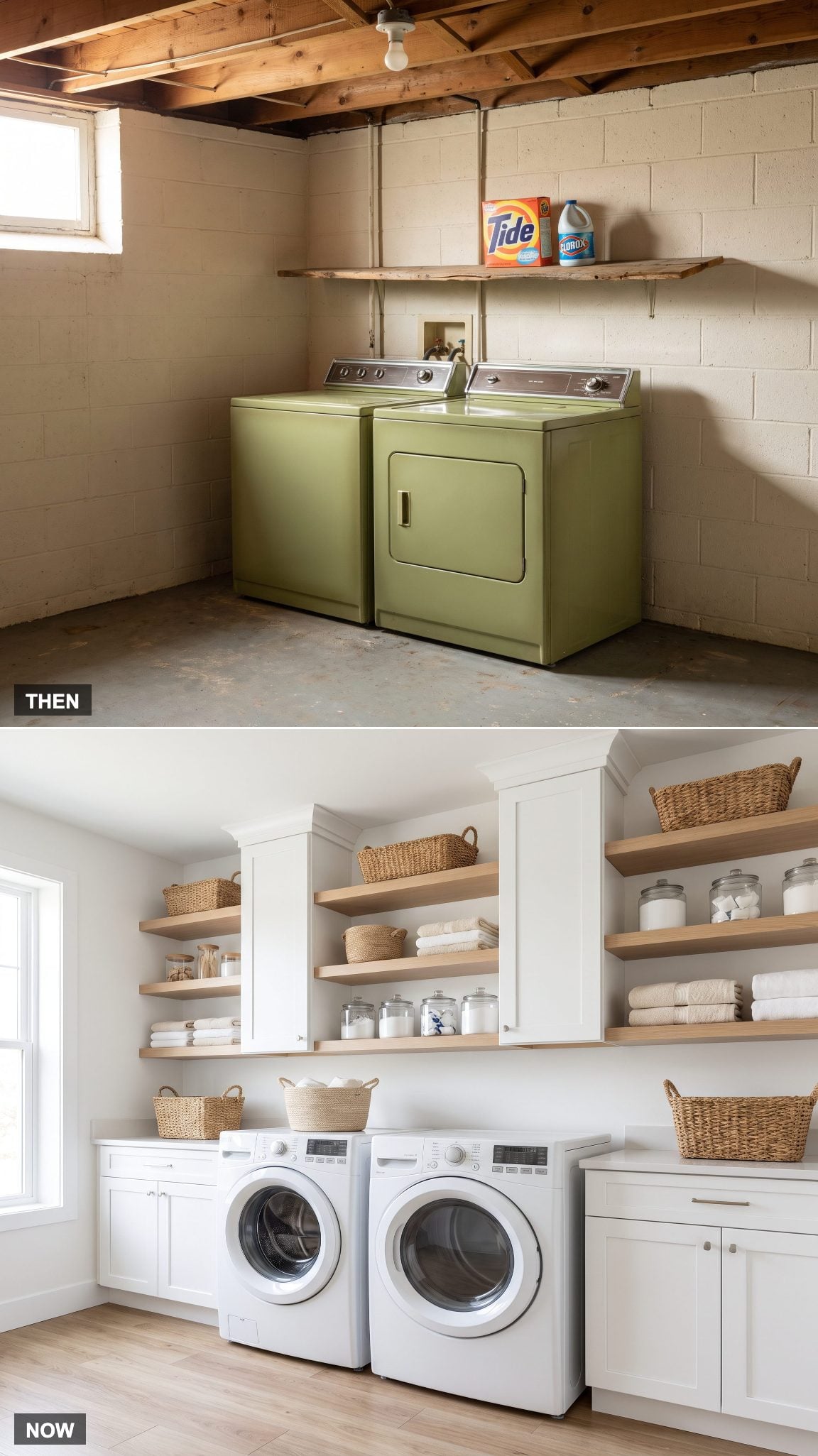 Laundry machines with cabinets, shelves and hanging storage above