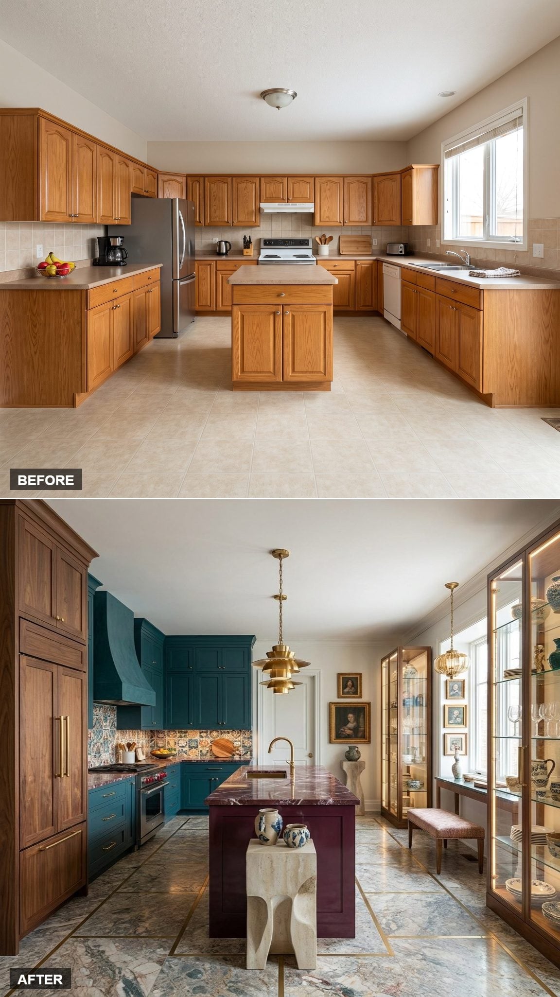 European Maximalist Gallery Kitchen with Teal, Plum Lacquer, Illuminated Vitrines and Burgundy Marble