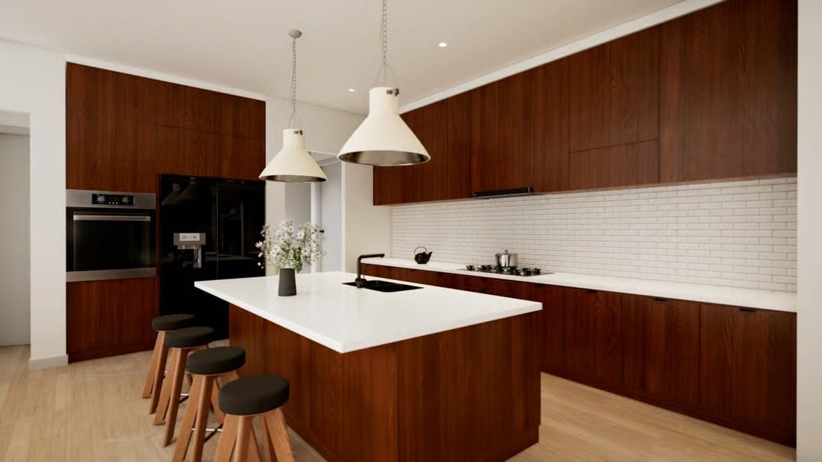 Dark Timber Cabinets Run Wall-to-Wall and Somehow Don't Crowd the Room