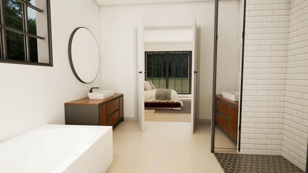 Dual Vanities, a Soaking Tub, and a Shower Tucked Behind Black Steel
