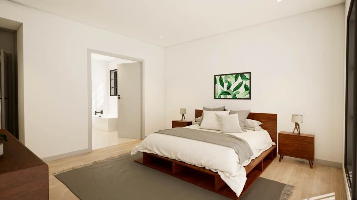 Walnut Platform Bed, Leaf Art, and an En Suite Door Left Open on Purpose