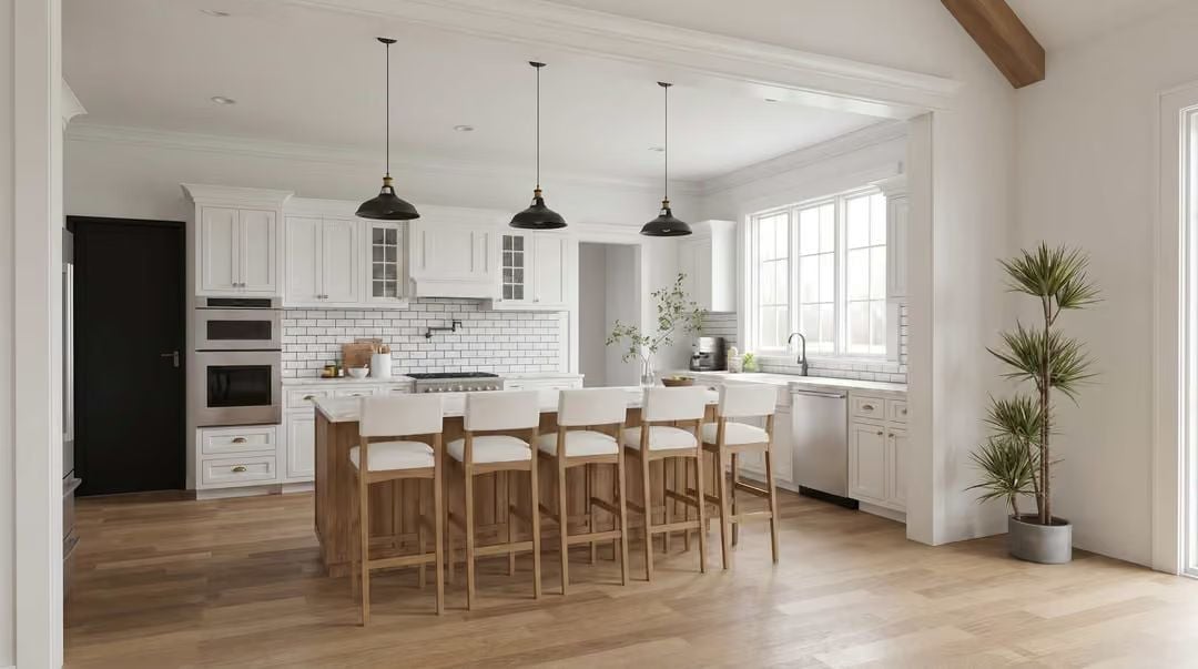Black Pendants, Warm Wood, and an Island Built for a Crowd