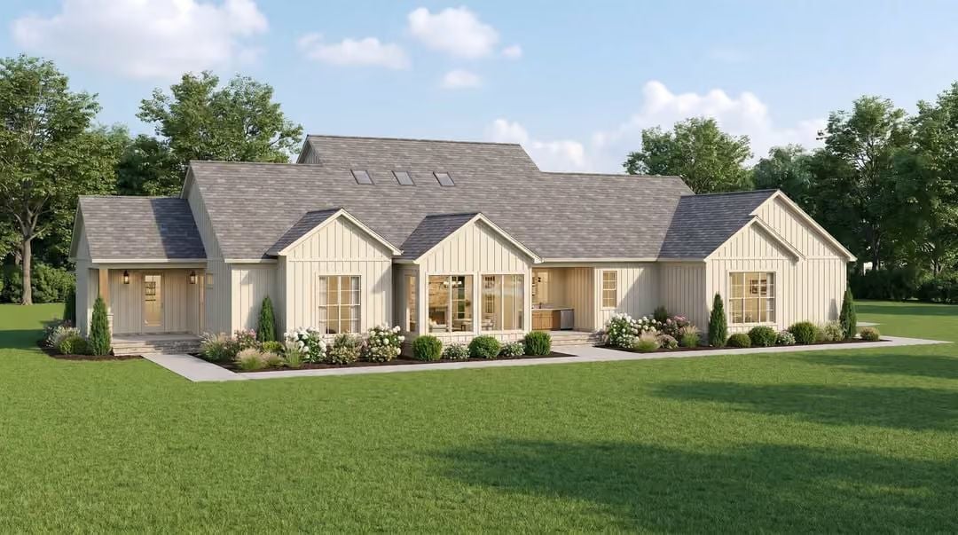 Cream Board-and-Batten Farmhouse Built Wide Enough to Actually Host Everyone