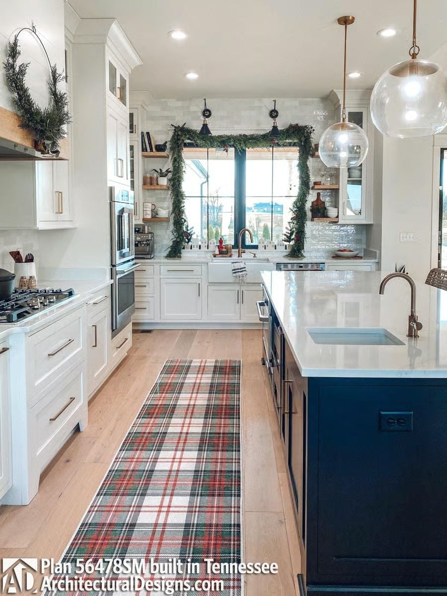 Navy Island, Plaid Runner, and a Garland-Framed Window That Earns Its Holiday Moment