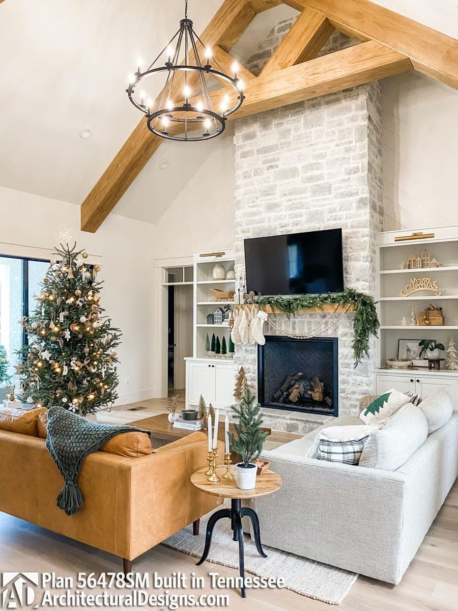Vaulted Exposed Beams and a Stone Fireplace Built for Christmas Eve