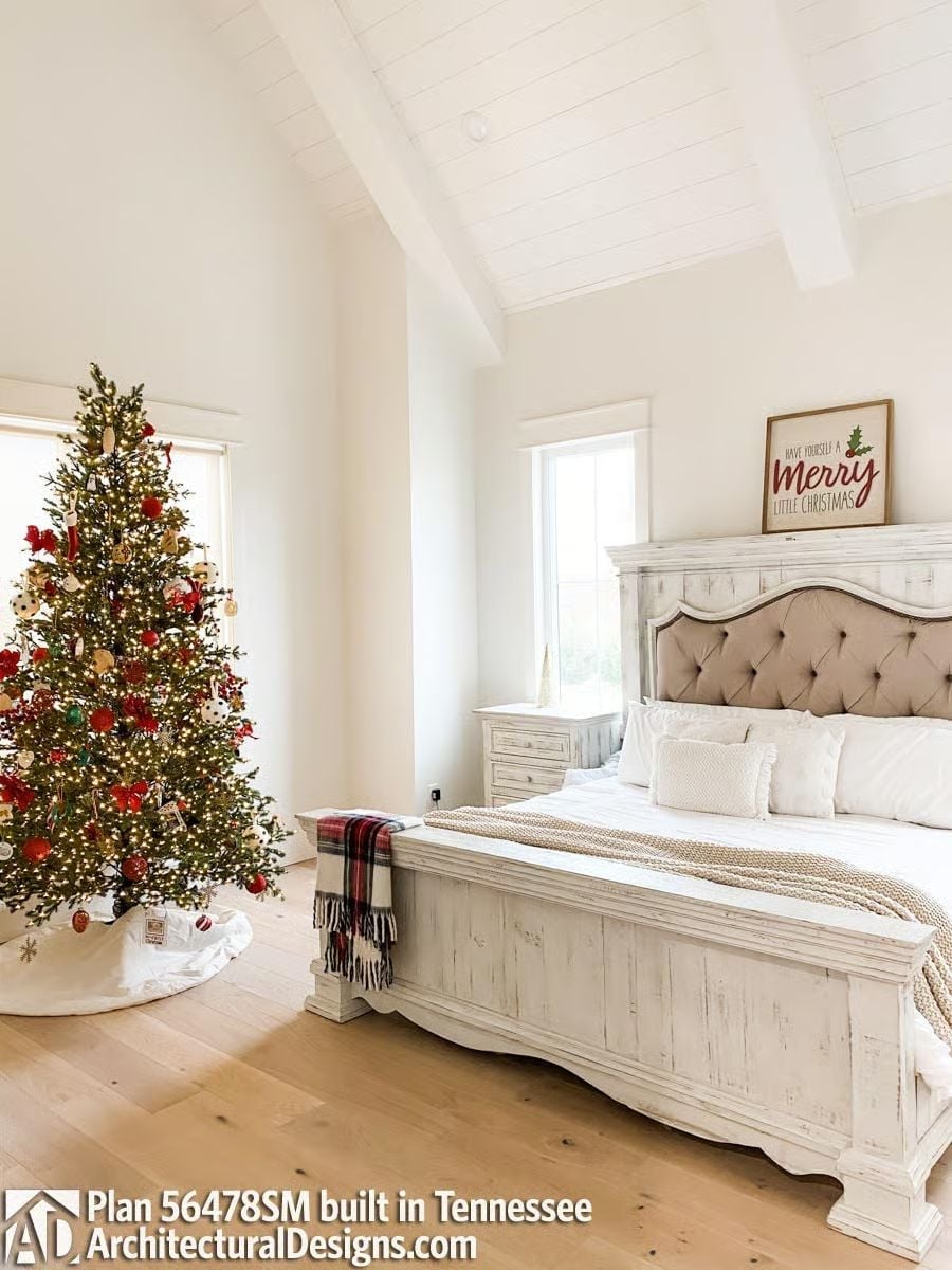 Whitewashed Wood, Tufted Headboard, and a Christmas Tree Tall Enough to Mean Business
