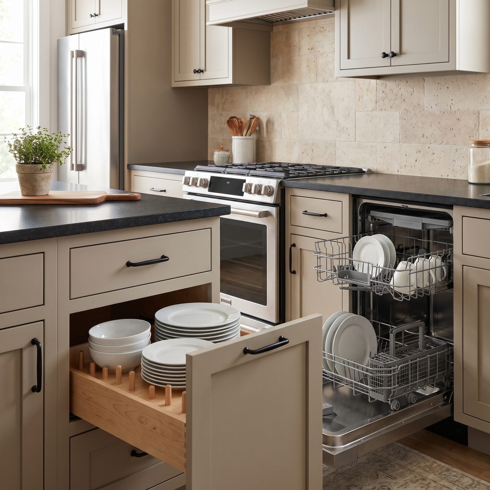 Frequently Used Dishes Stored Close to the Dishwasher