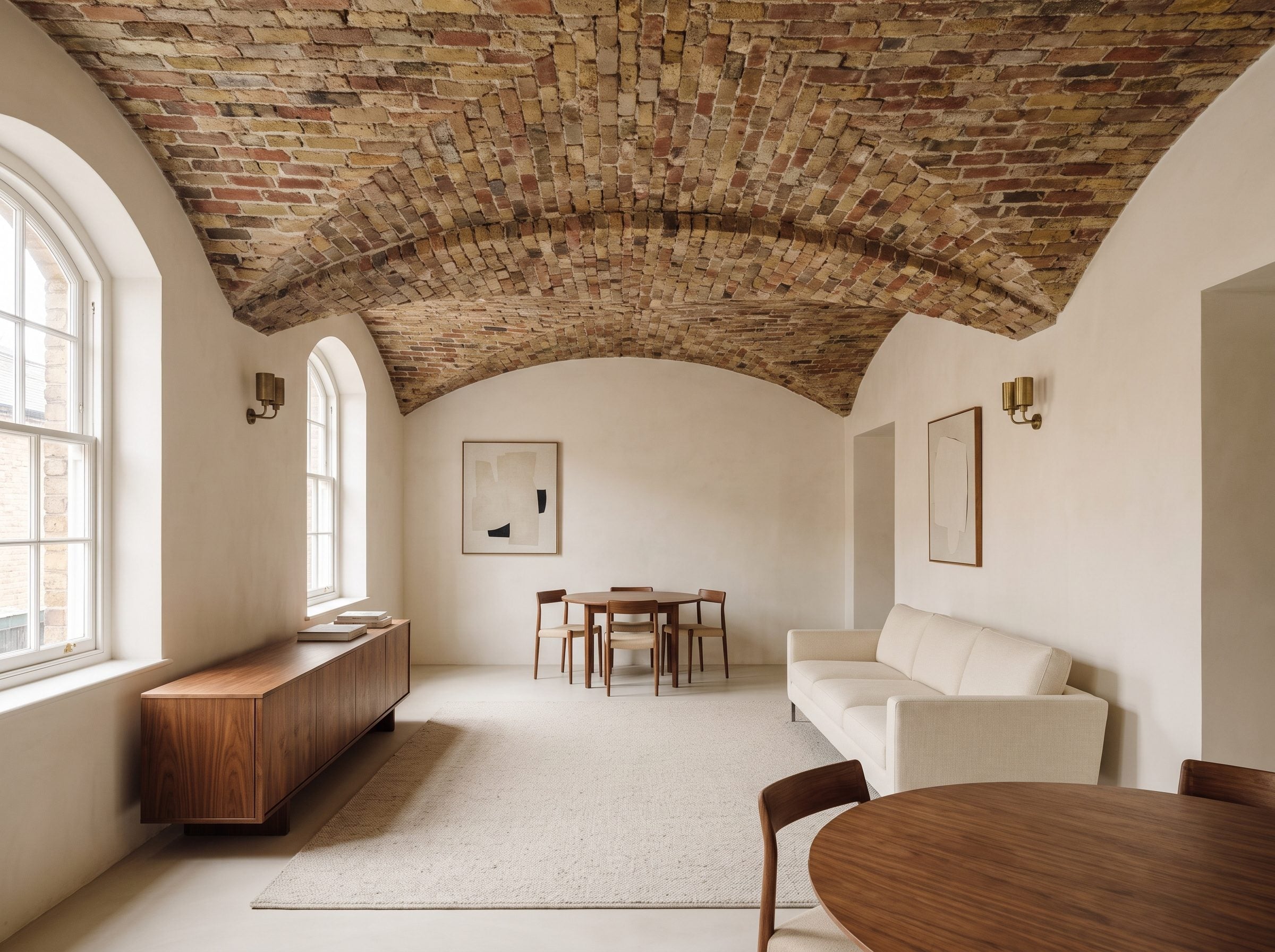 Living-dining room with an exposed brick vaulted ceiling above a cream sofa, walnut dining table, and two brass pendant