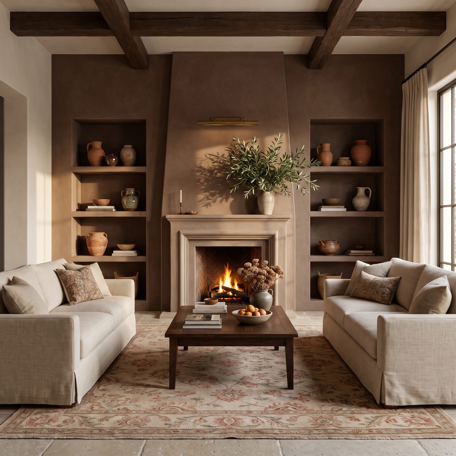 Faded Aubusson Rug Against a Cocoa-Plaster Fireplace Wall