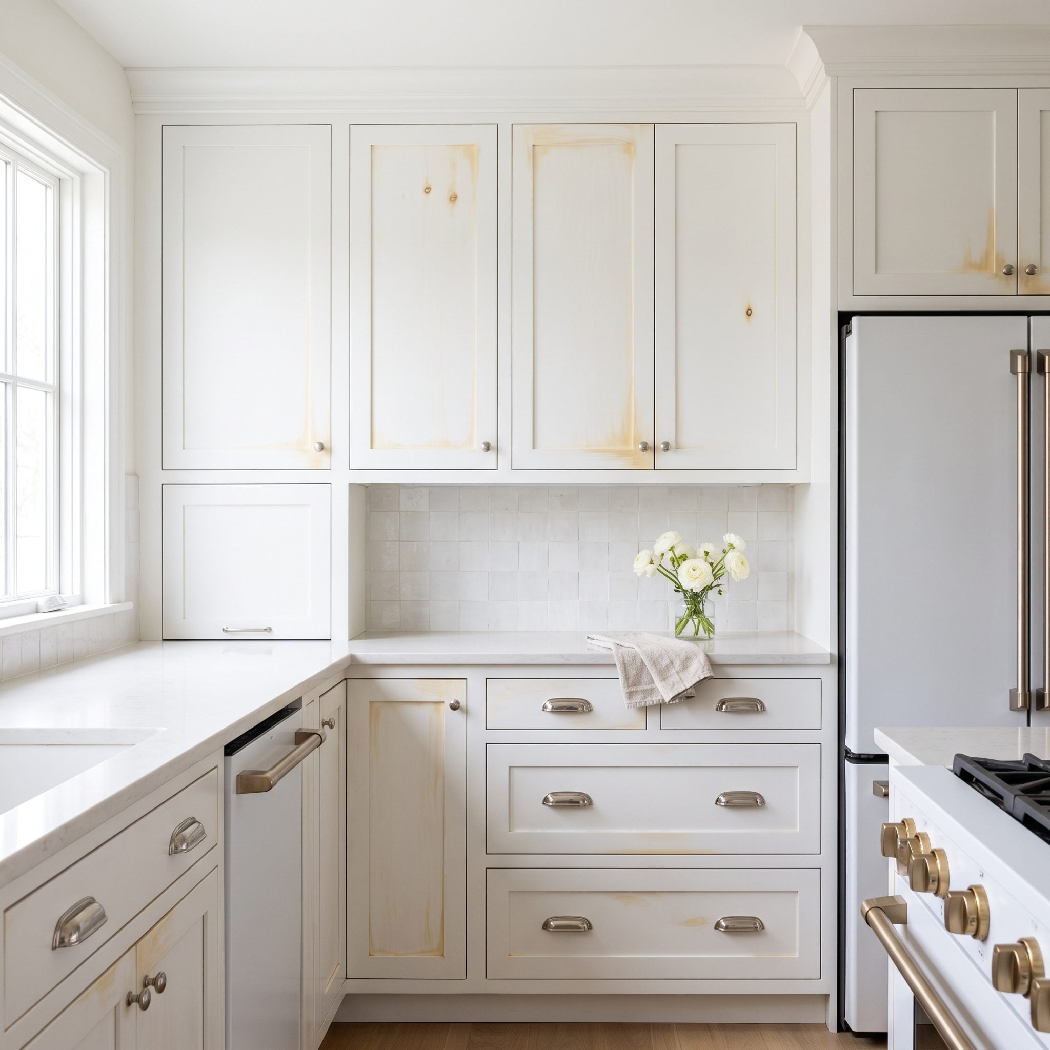 White painted kitchen cabinets with yellow-brown tannin bleed showing through along wood grain and around knots.