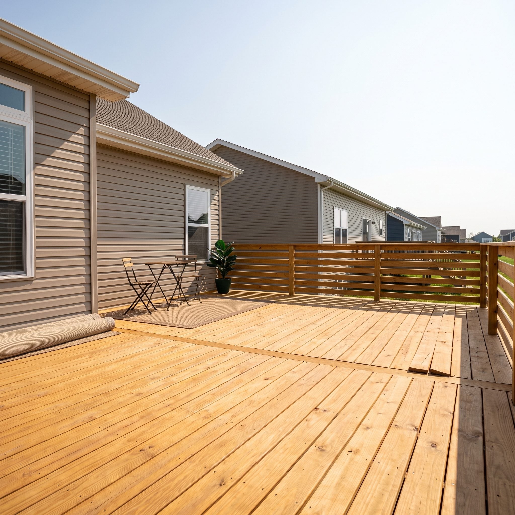 Large newly built flat wood deck with standard framing and no reinforced footings or utility stubs for future additions.
