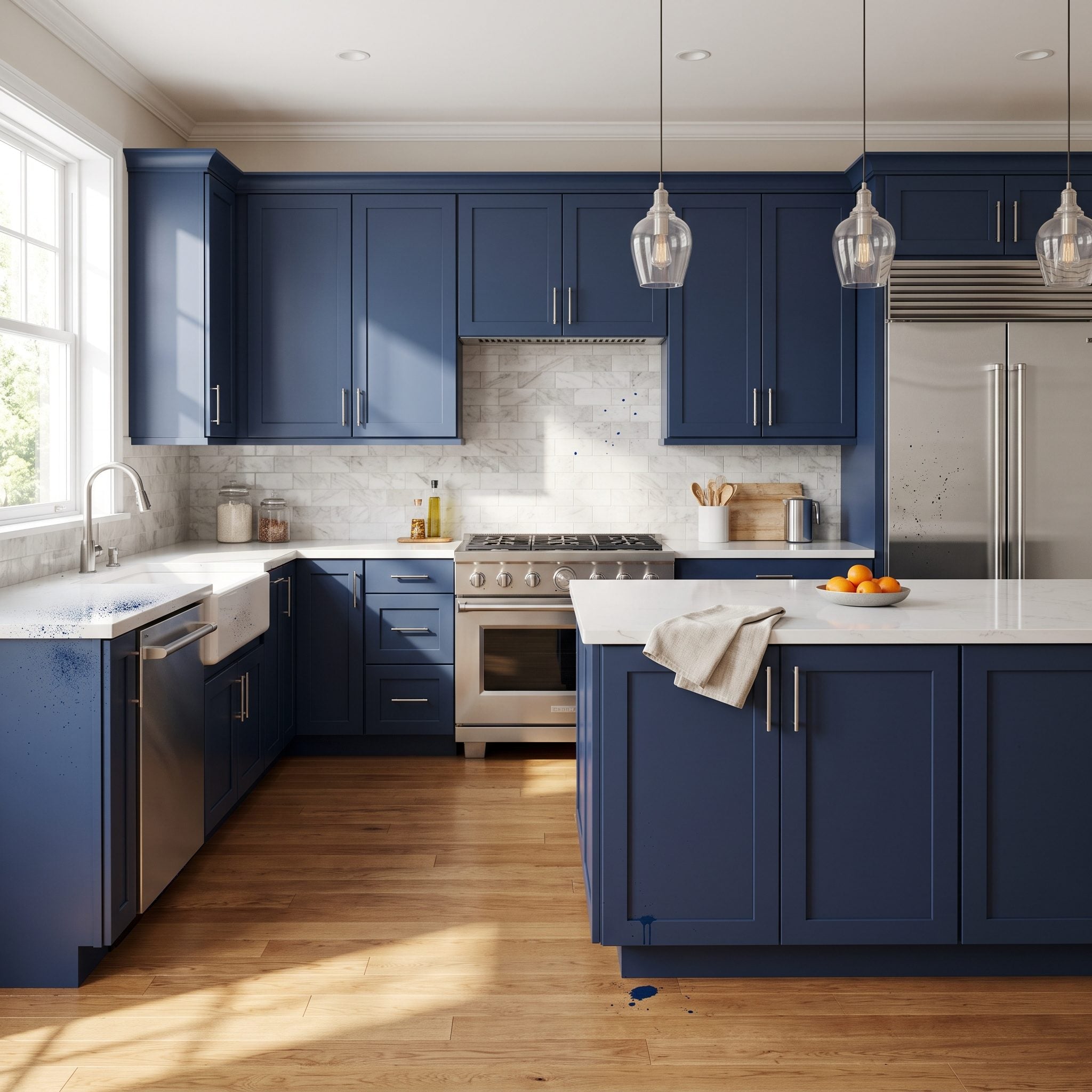 Navy kitchen cabinets with overspray and paint specks on the quartz counter, backsplash, refrigerator, and floor.