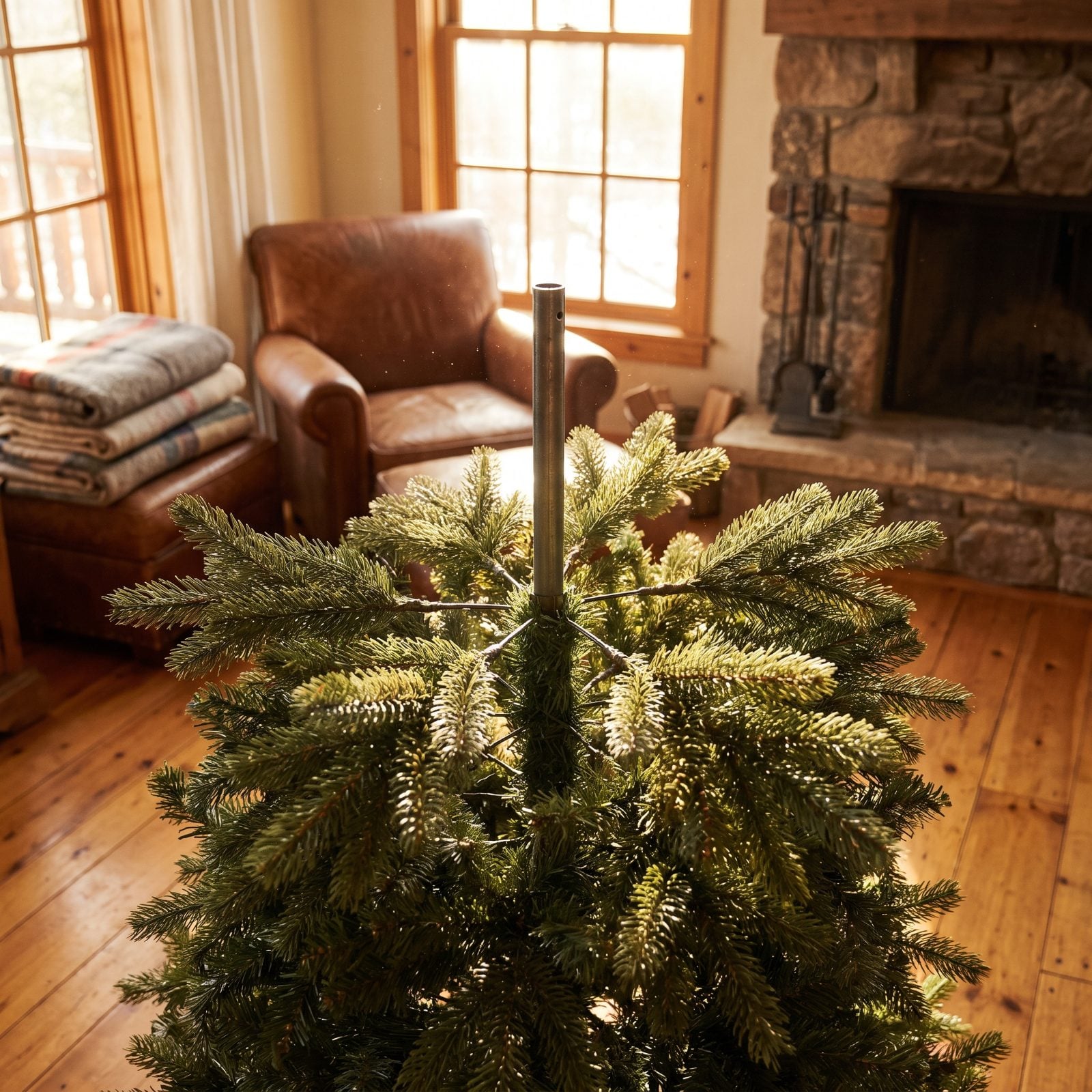 Artificial tree with unopened inner branches leaving a dark hollow gap around the visible metal center pole.