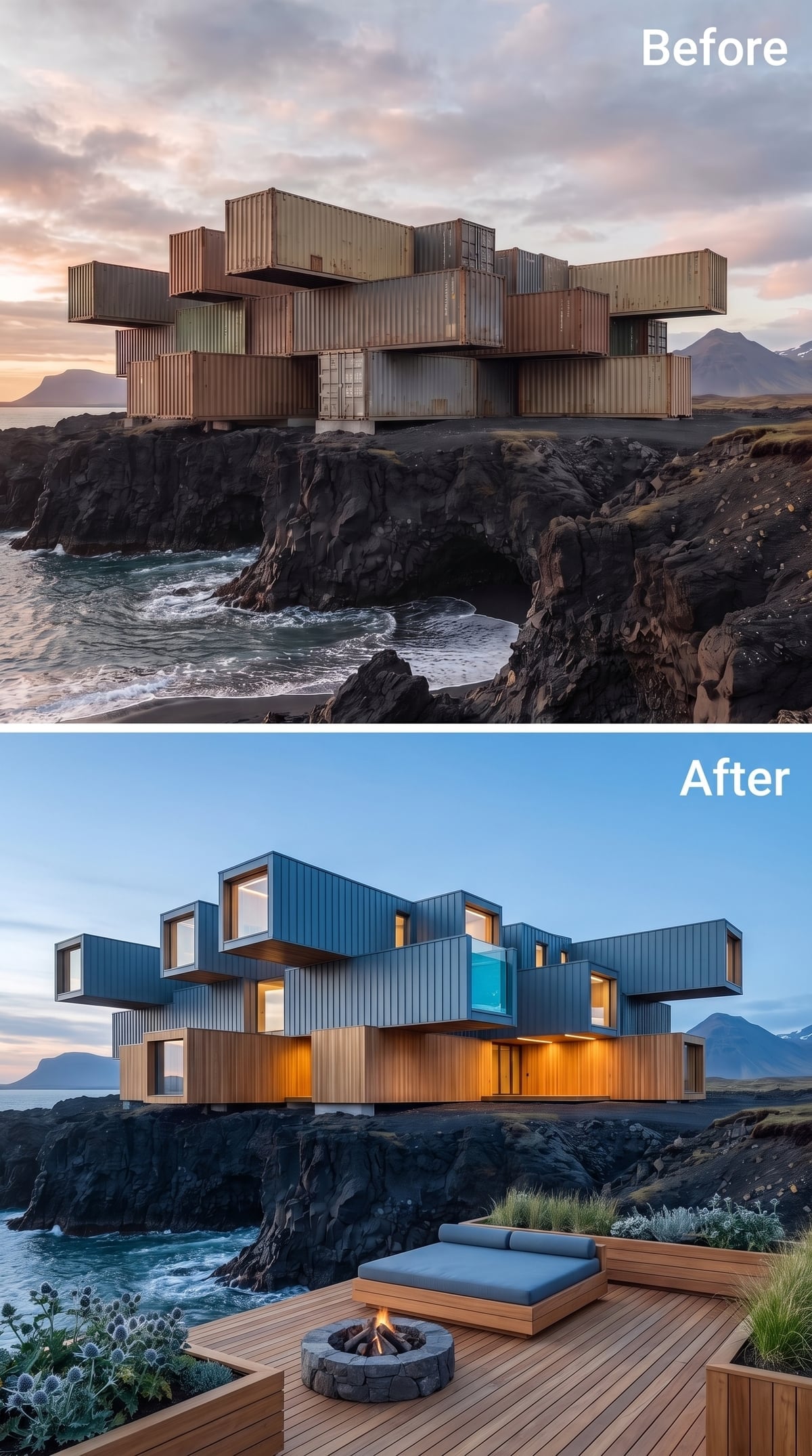 Blue-Gray Metal and Cedar Volumes Cantilevered Over Iceland's Lava Shore