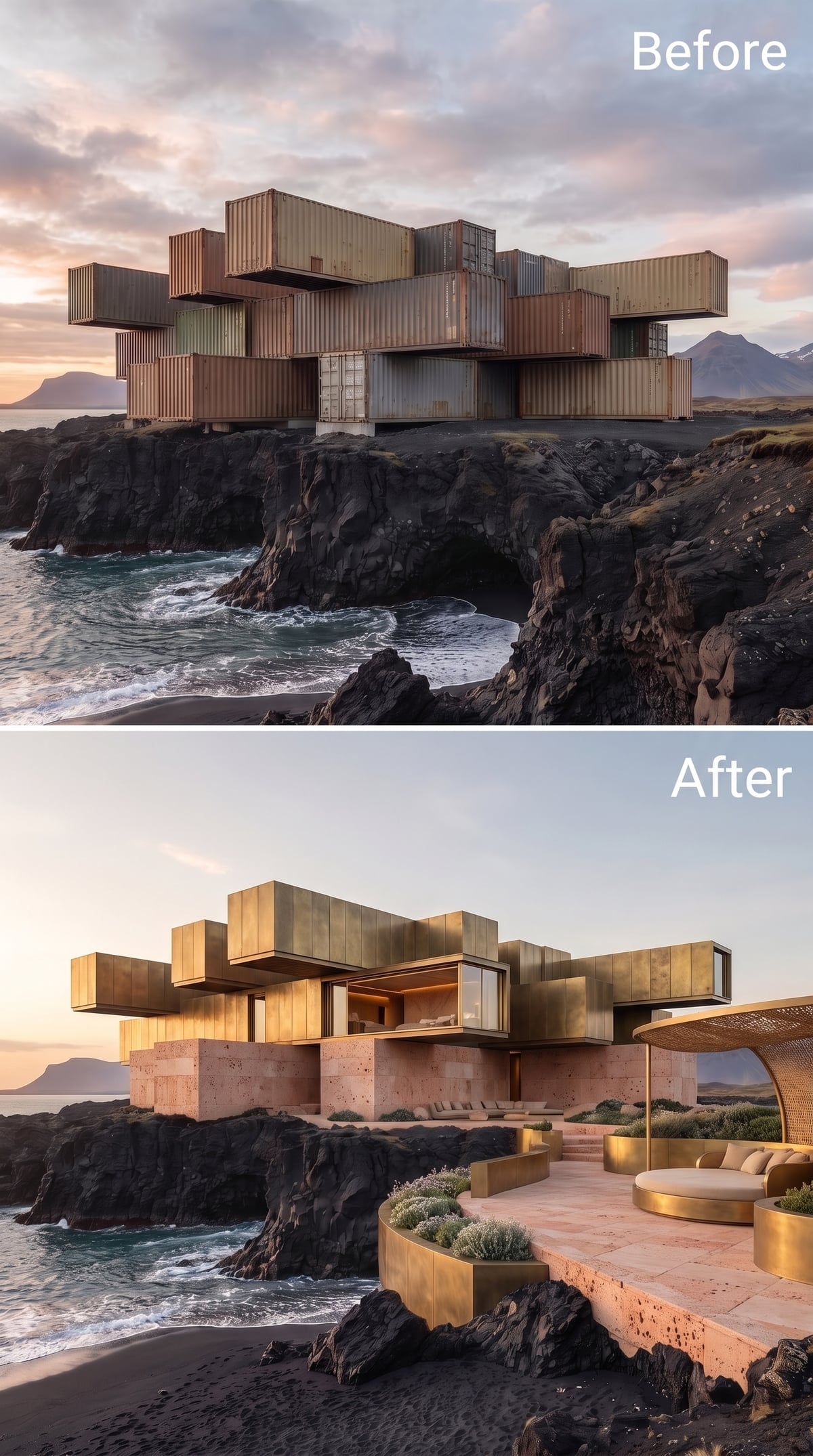 Brass Cladding and Travertine Volumes Carved Into Iceland's Lava Shore