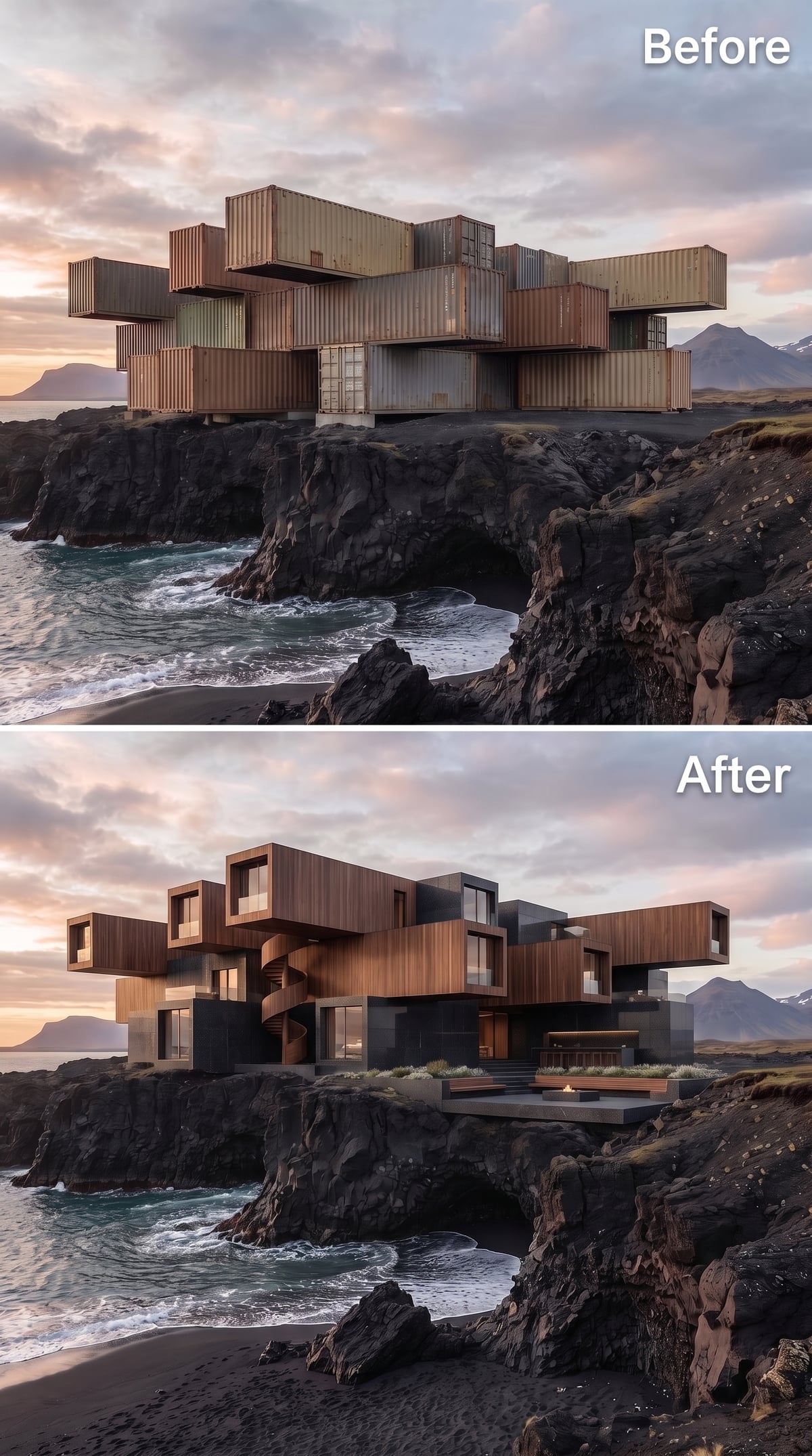 Cedar and Concrete Volumes Cantilevered Over Iceland's Black Volcanic Shore