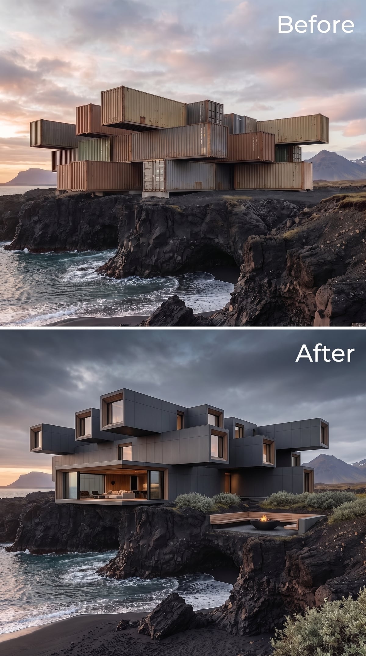 Charcoal Panel Volumes and a Cliffside Fire Bowl Facing Iceland's Volcanic Shore