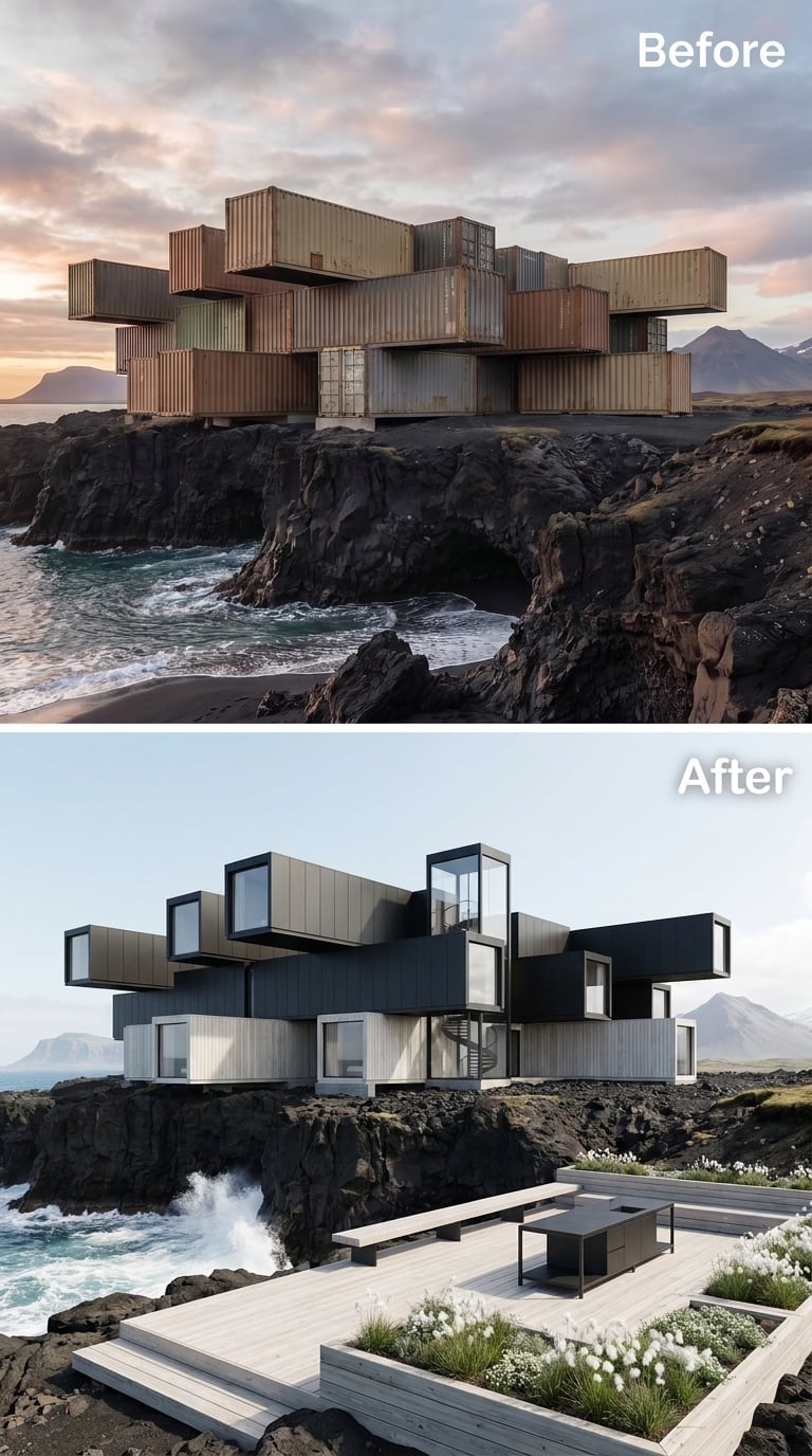 Charcoal Panel Volumes and a Spiral Stair Tower Stacked Over Iceland's Black Shore