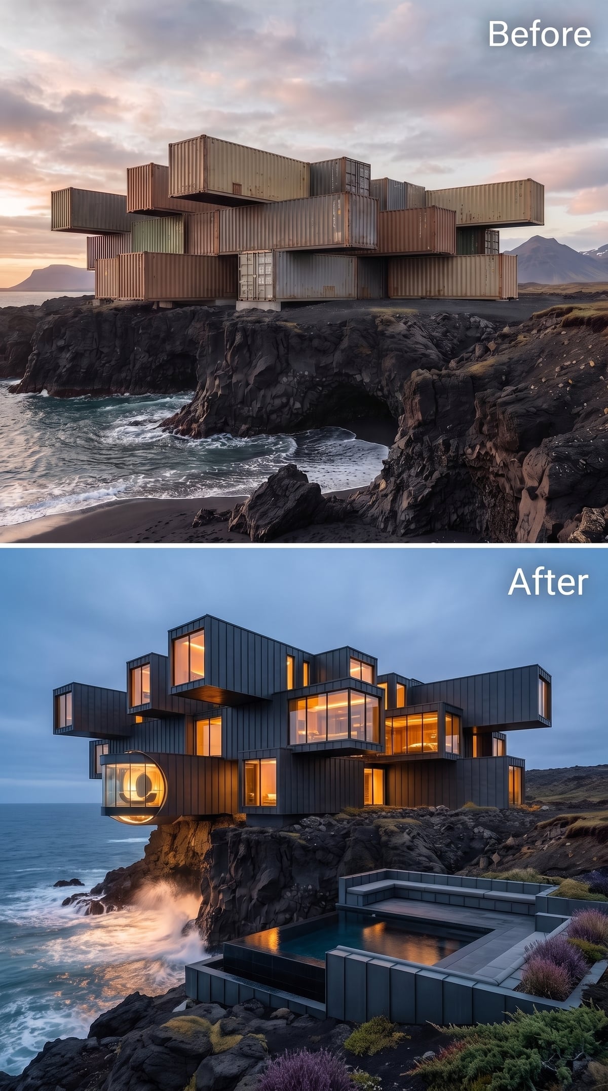 Charcoal Steel Volumes and a Cliffside Infinity Pool Stacked Over Iceland's Volcanic Shore