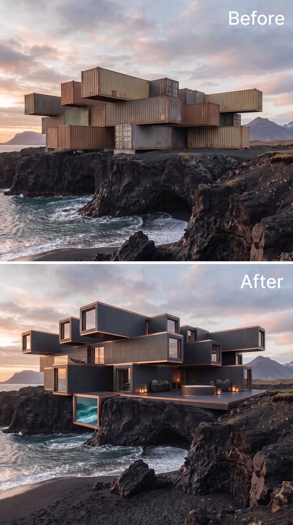 Charcoal Zinc Volumes and a Cantilevered Terrace Above Iceland's Black Shore