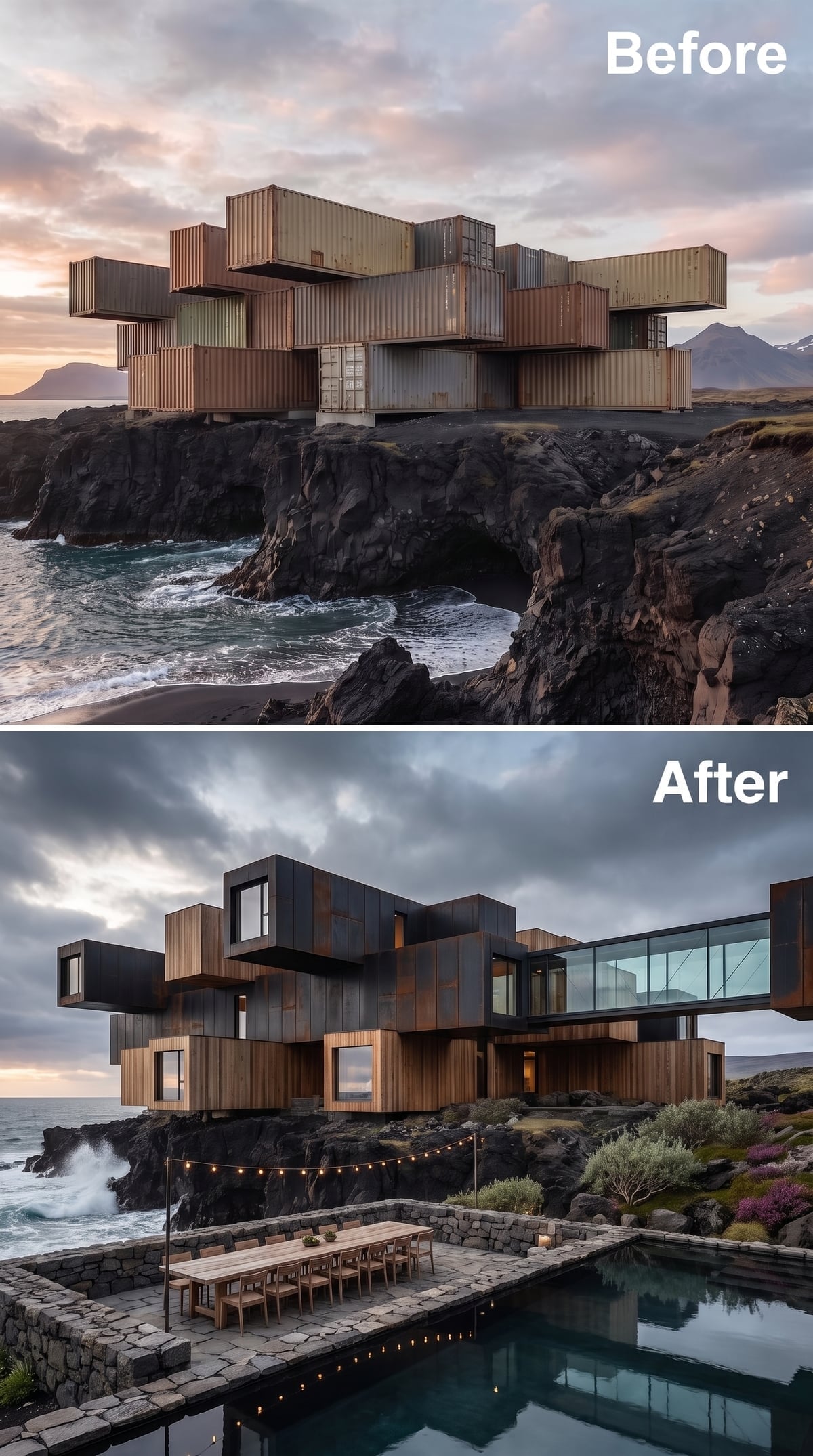 Warm Timber Volumes and a Cliff-Edge Dining Terrace Facing Iceland's Volcanic Shore