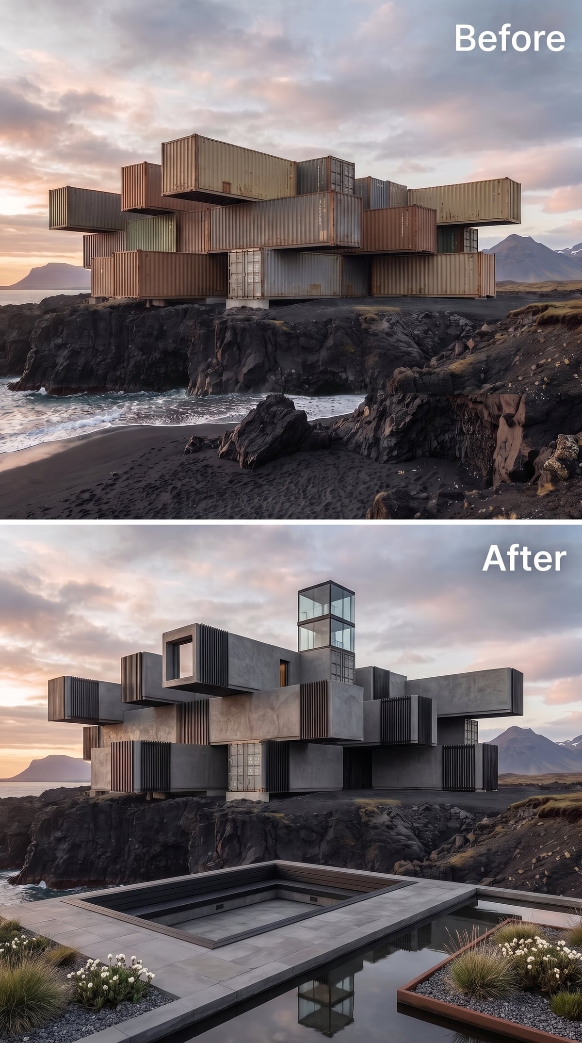 Concrete Volumes, Wood Slat Fins, and a Glass Circulation Tower Above Iceland's Lava Cliffs