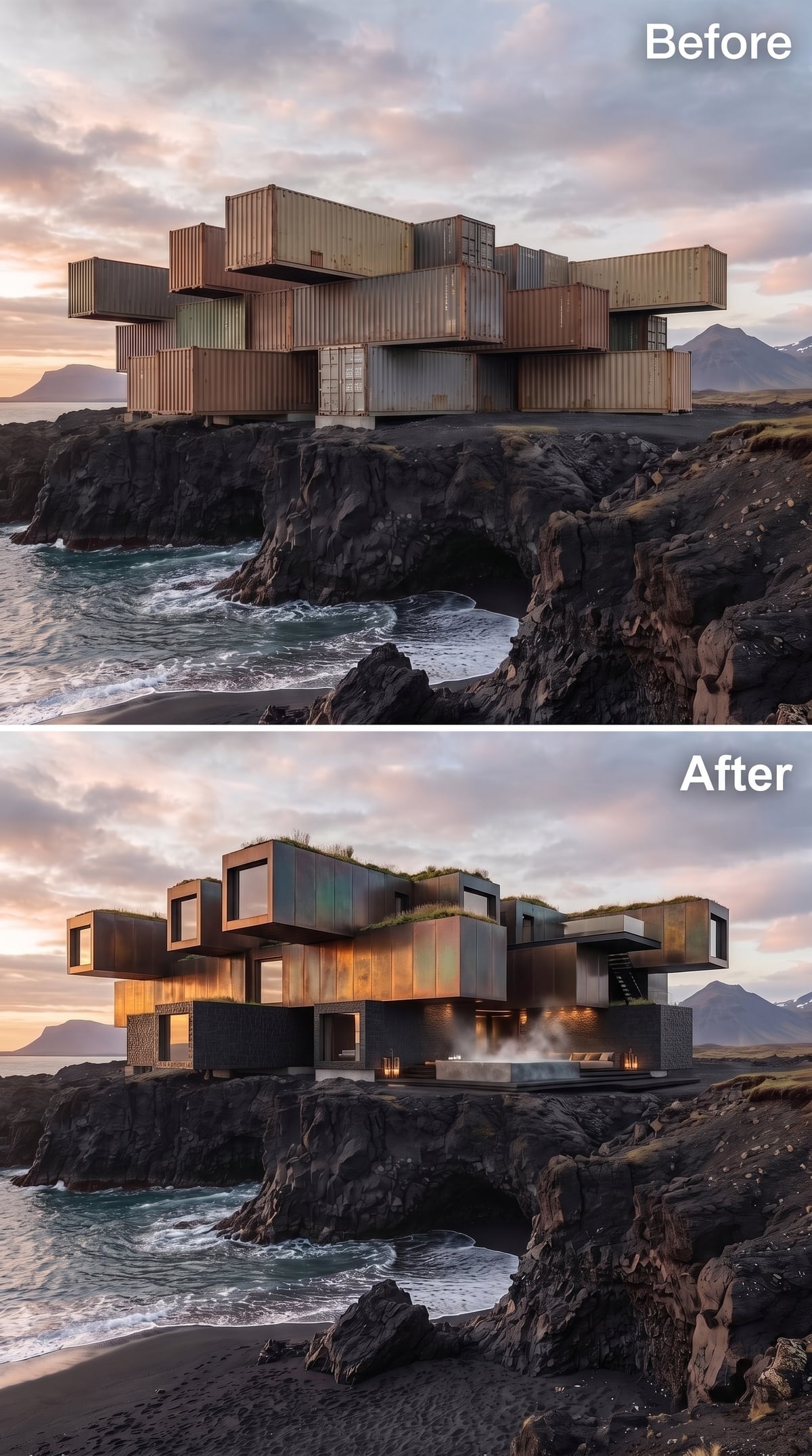 Copper-Toned Volumes and Green Roofs Anchored to Iceland's Black Sand Cliffs