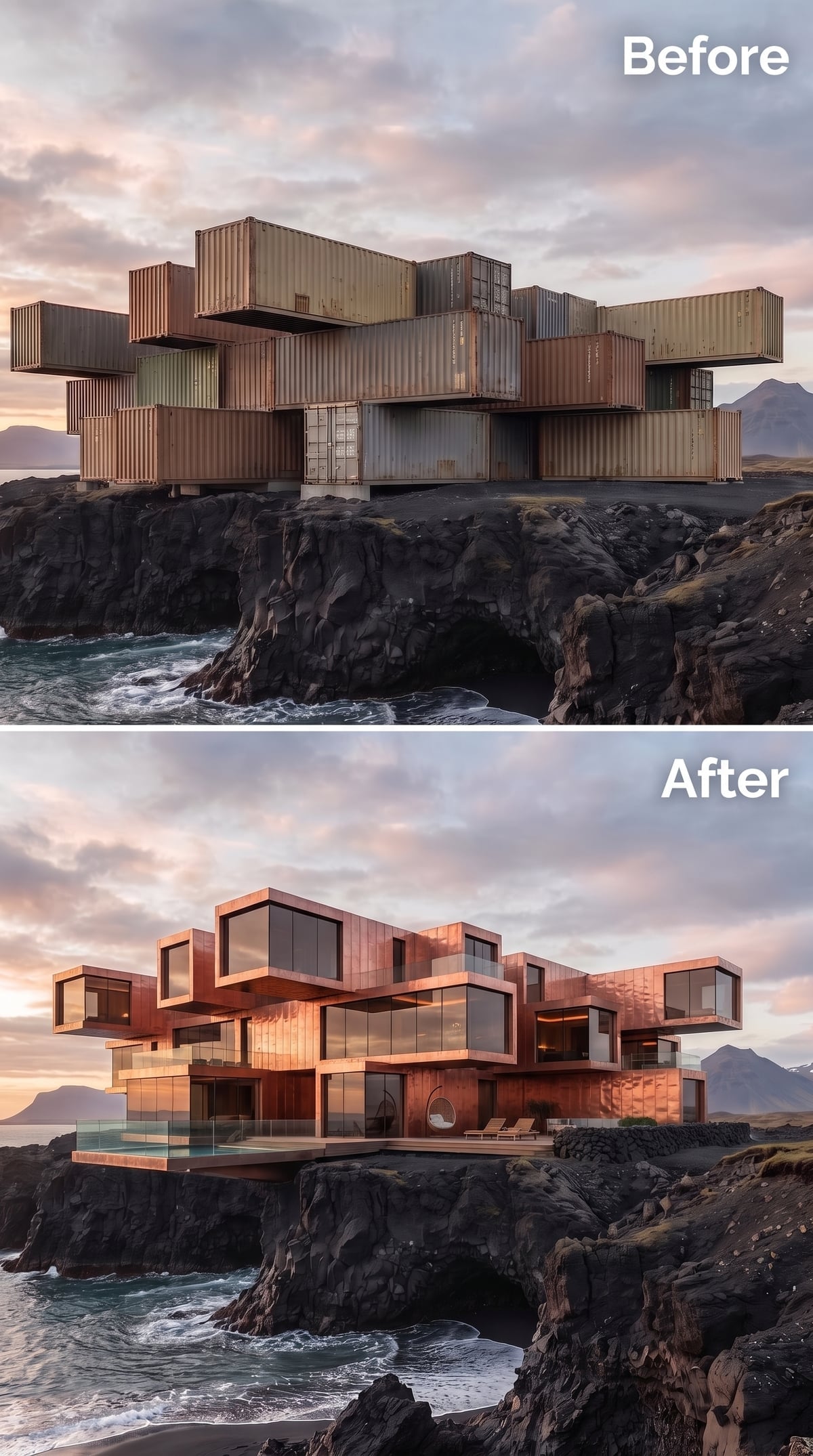 Copper Volumes and Cantilevered Glass Boxes Stacked Over Iceland's Black Cliffs
