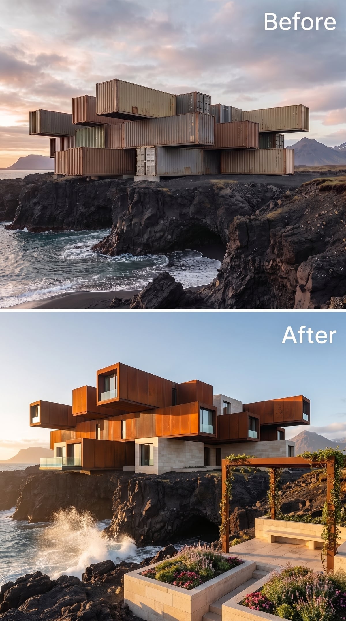 Corten Steel Volumes Cantilevered Over Black Lava on Iceland's Edge