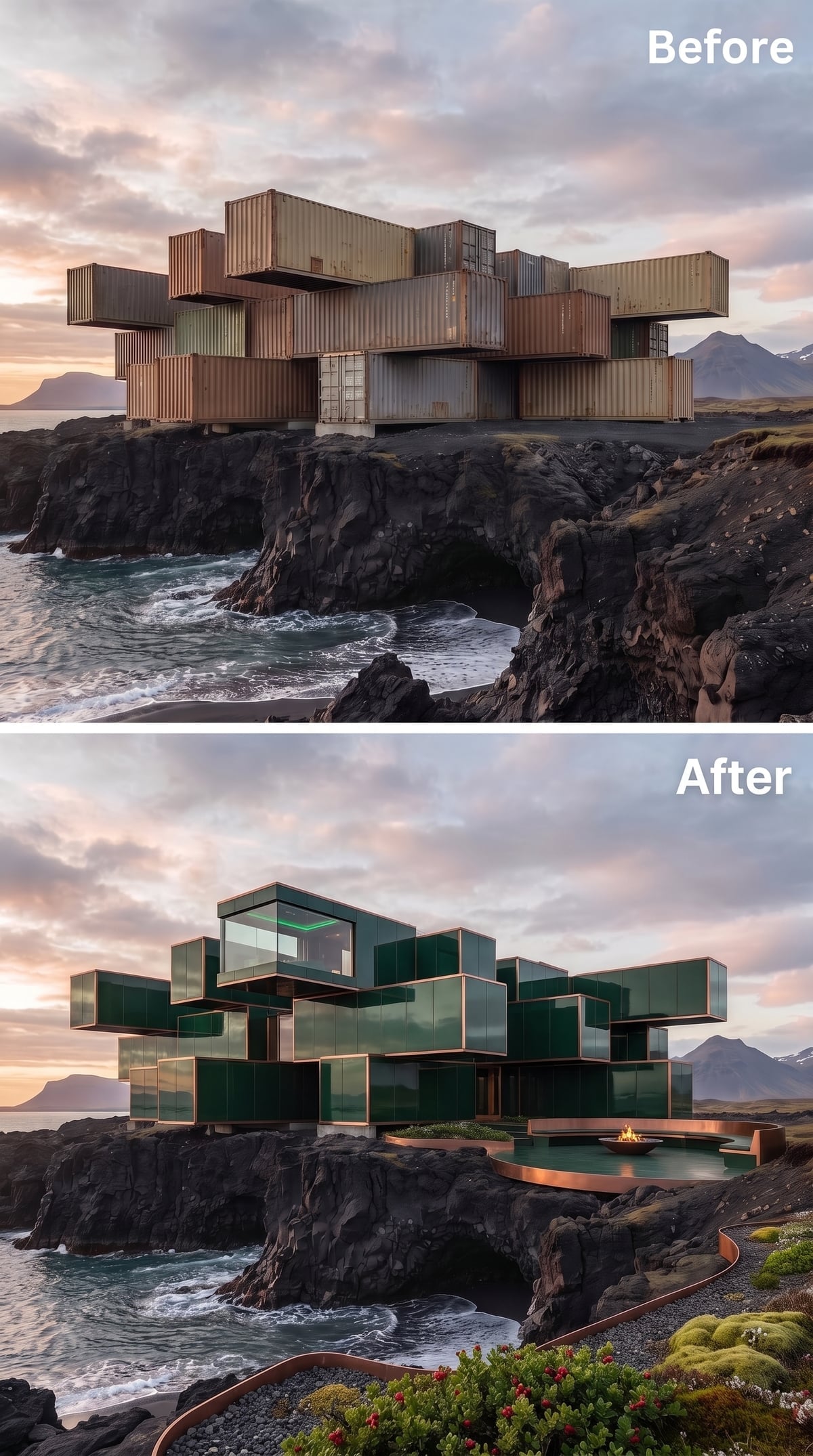 Dark Green Glass Volumes and a Copper Fire Terrace Cantilevered Over Iceland's Volcanic Shore